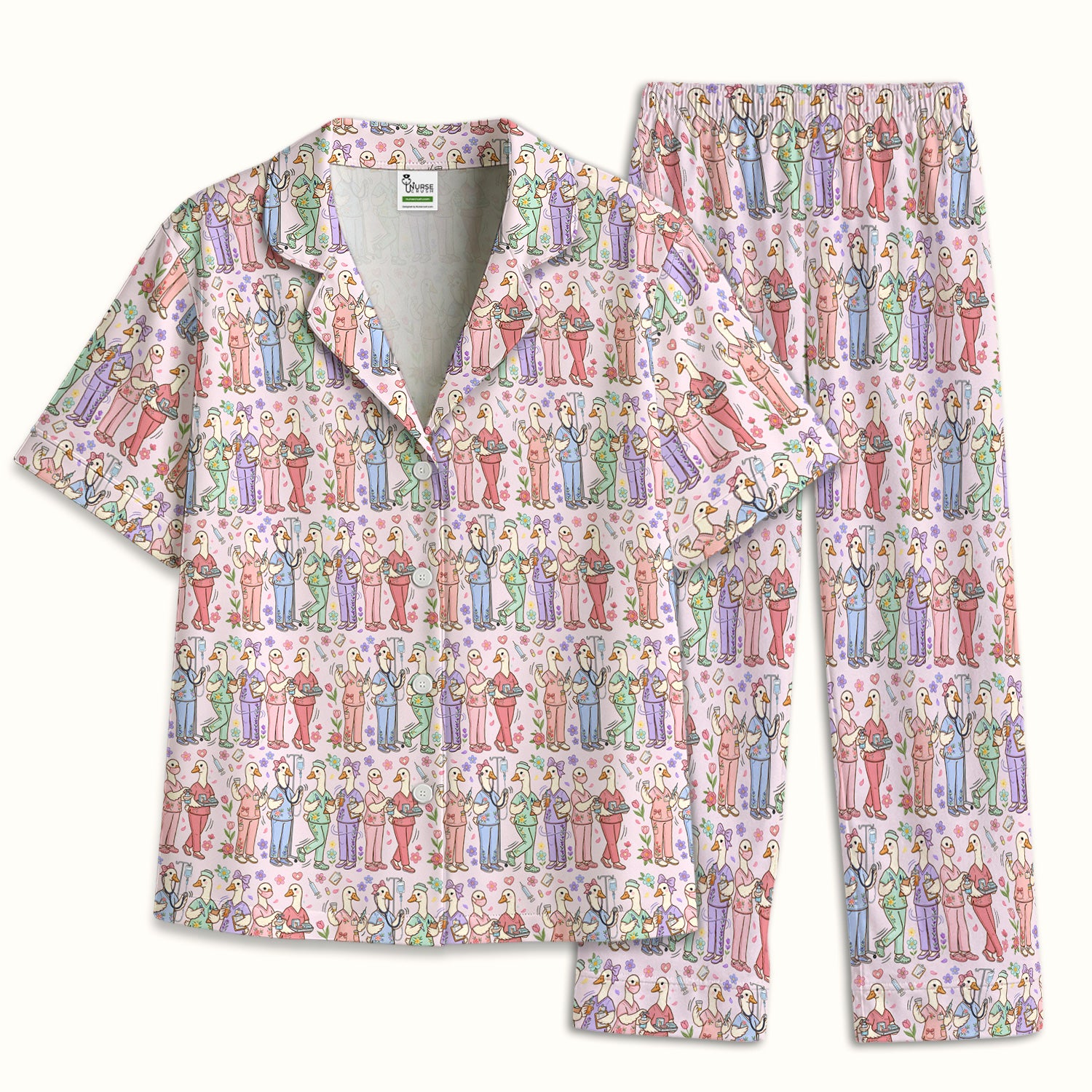 Goose Characters Floral Medical Team Uniform Pattern Pajama Set, Breathable Fabrics Uniform