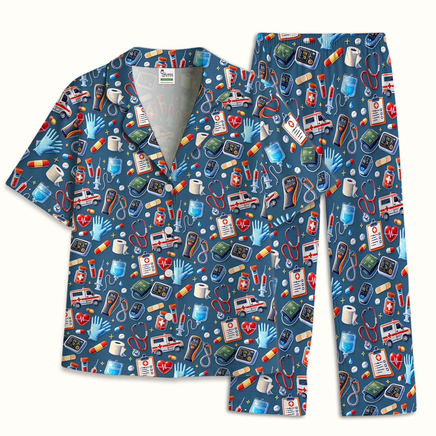 Medical Tools Pattern Ambulance Stethoscope Pajama Set, Breathable Fabrics Uniform