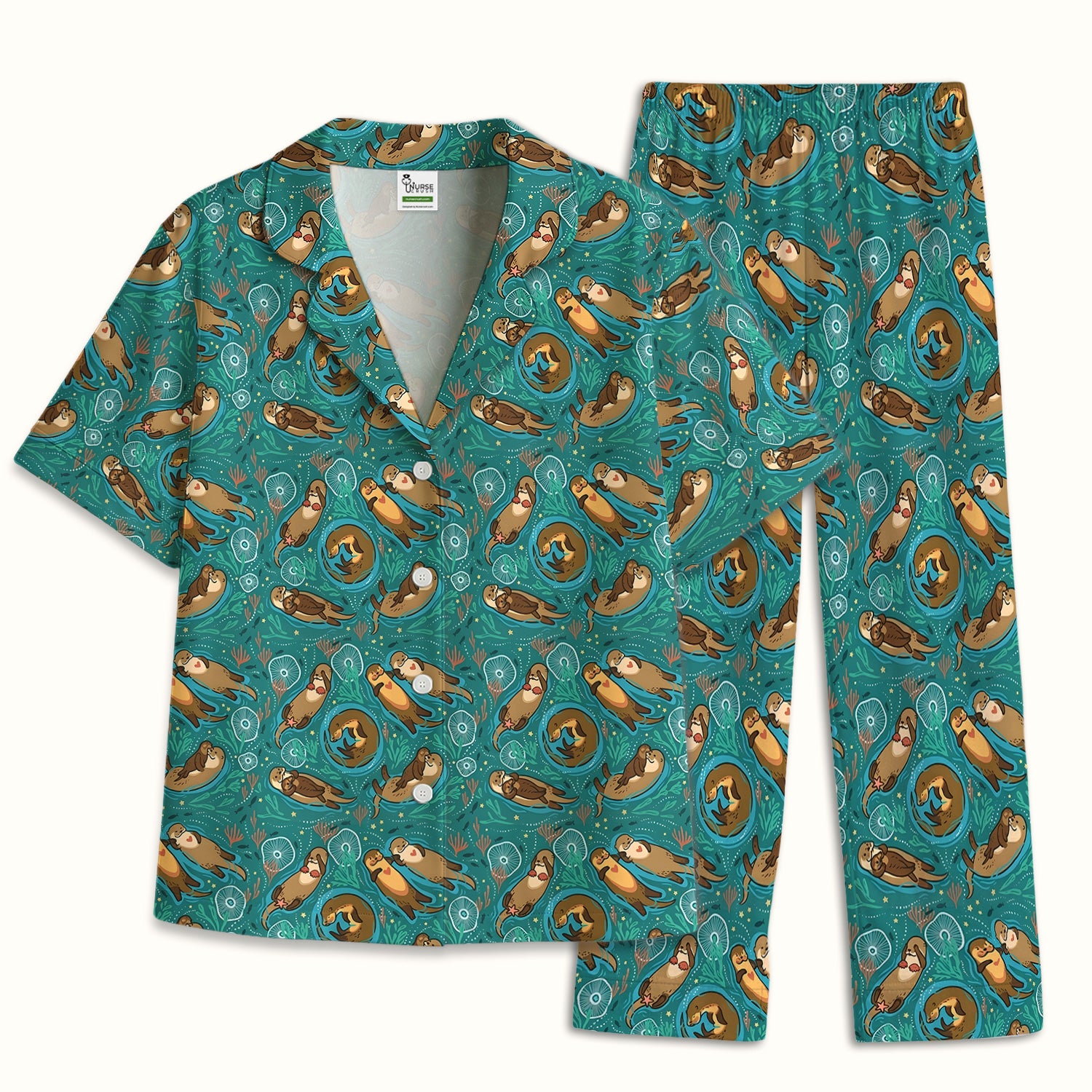 Sea Otter Floating Ocean Pattern Pajama Set, Soft Breathable Fabric Comfortable Sleepwear