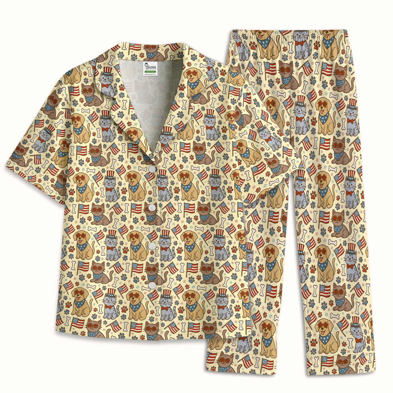 American Flag Patriotic Cat & Dog Pattern Pajama Set, Soft Breathable Fabric Comfortable Sleepwear