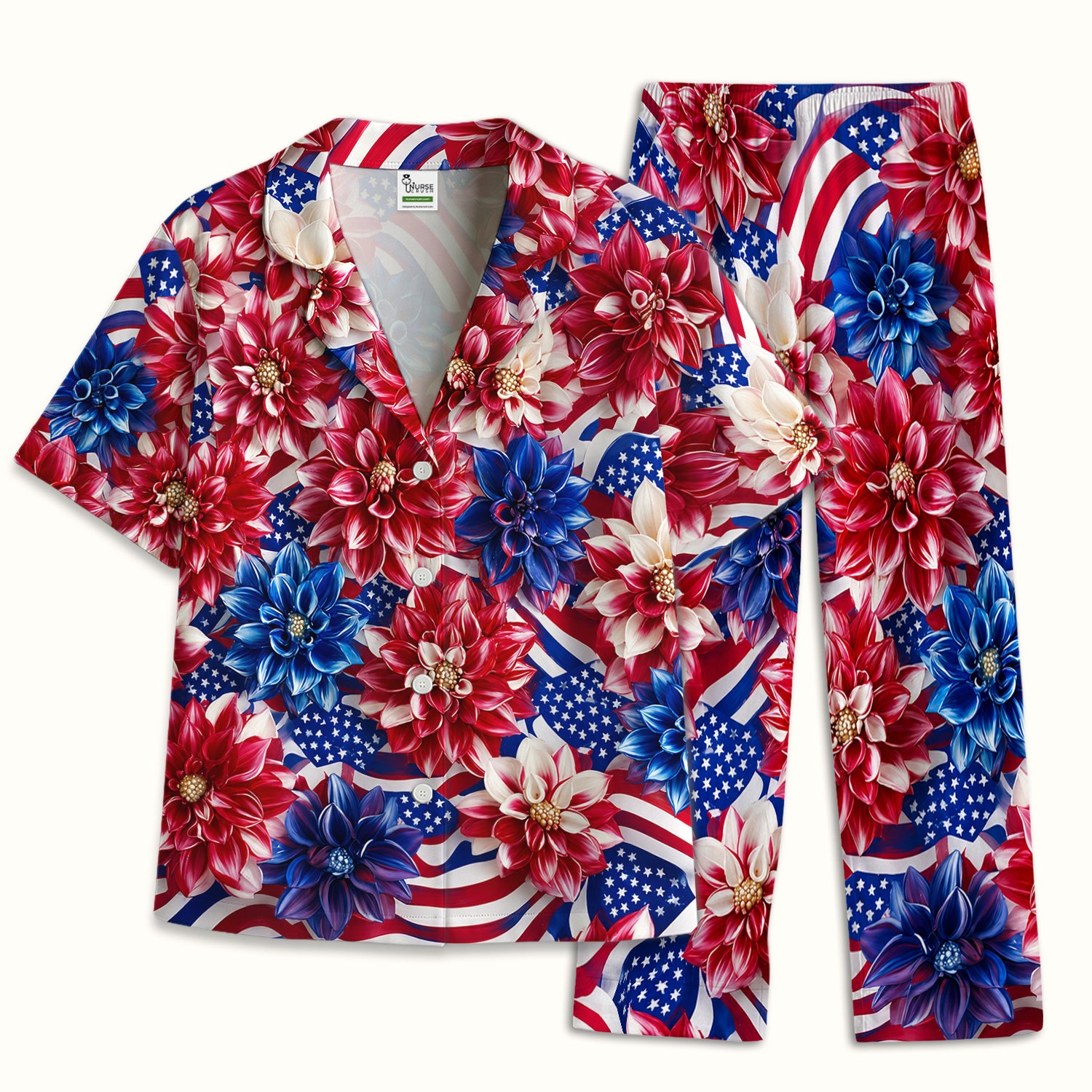 Festive Patriotic Floral Flag Pattern Pajama Set, Soft Breathable Fabric Comfortable Sleepwear