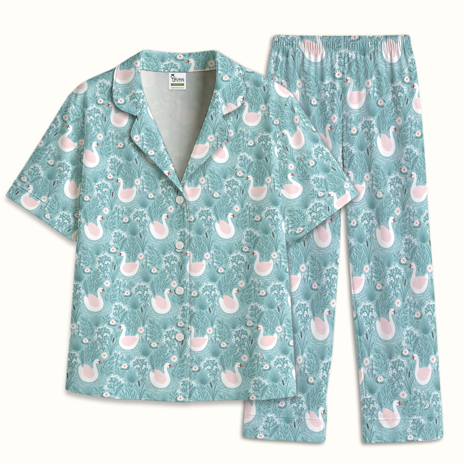 Sweet Swan Waterlily Garden Pattern Pajama Set, Soft Breathable Fabric Comfortable Sleepwear