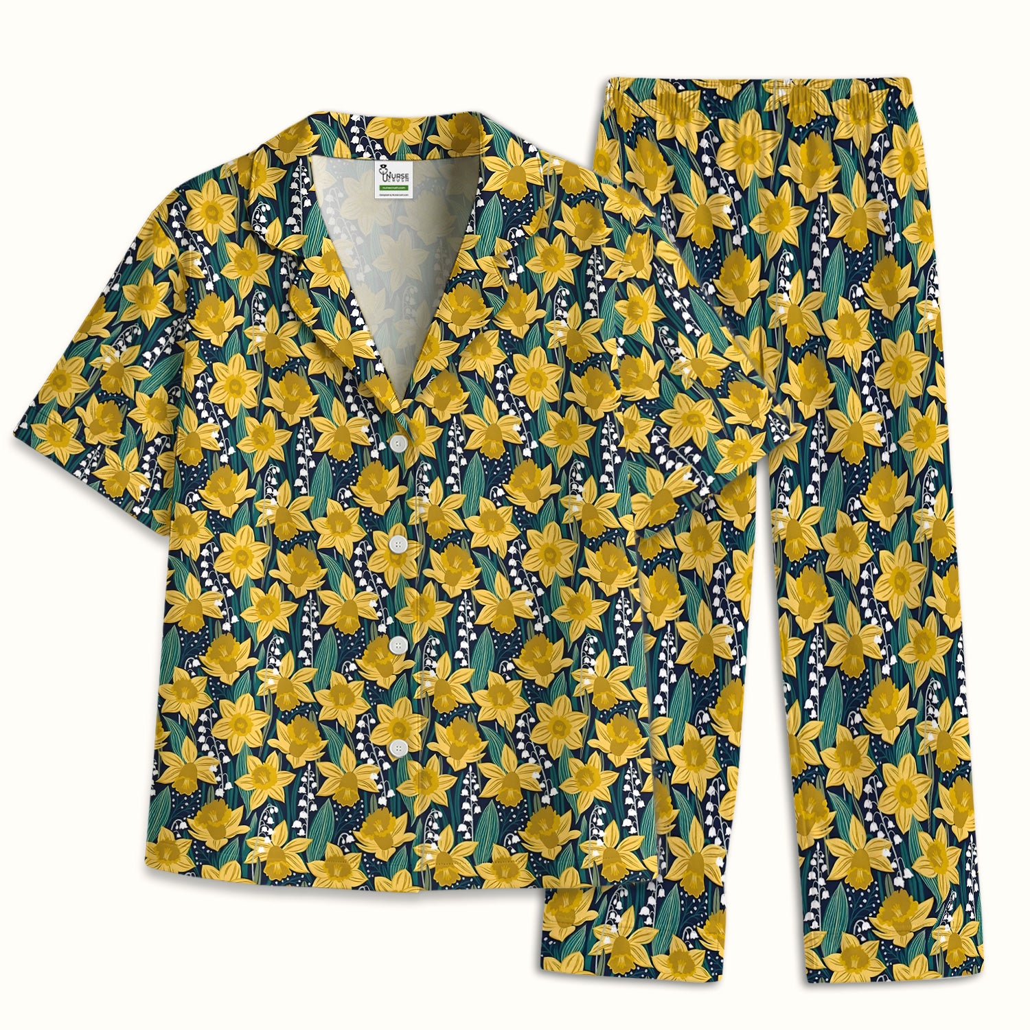Yellow Daffodil Lily Valley Pattern Pajama Set, Soft Breathable Fabric Comfortable Sleepwear