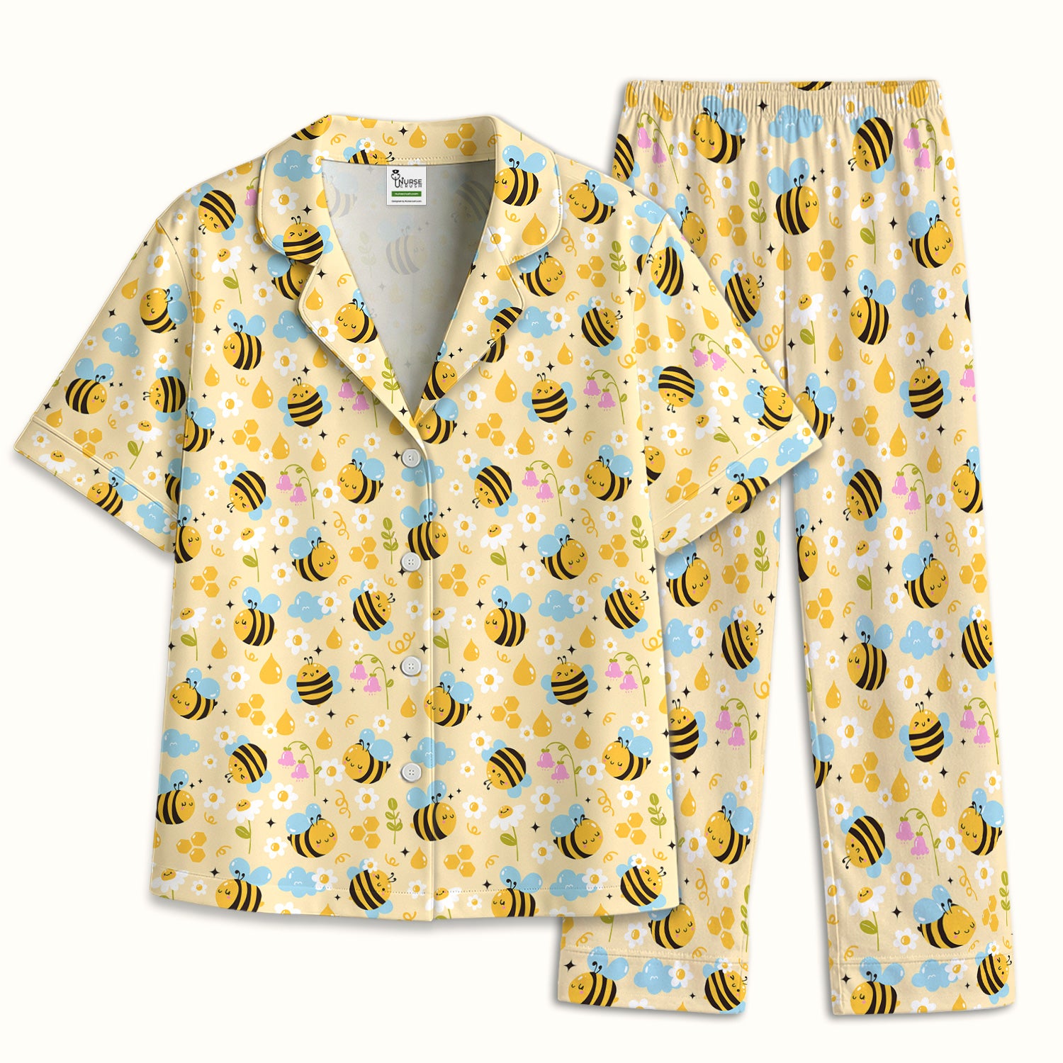 Honey Bee Flower Cloud Pattern Pajama Set, Breathable Fabrics Uniform