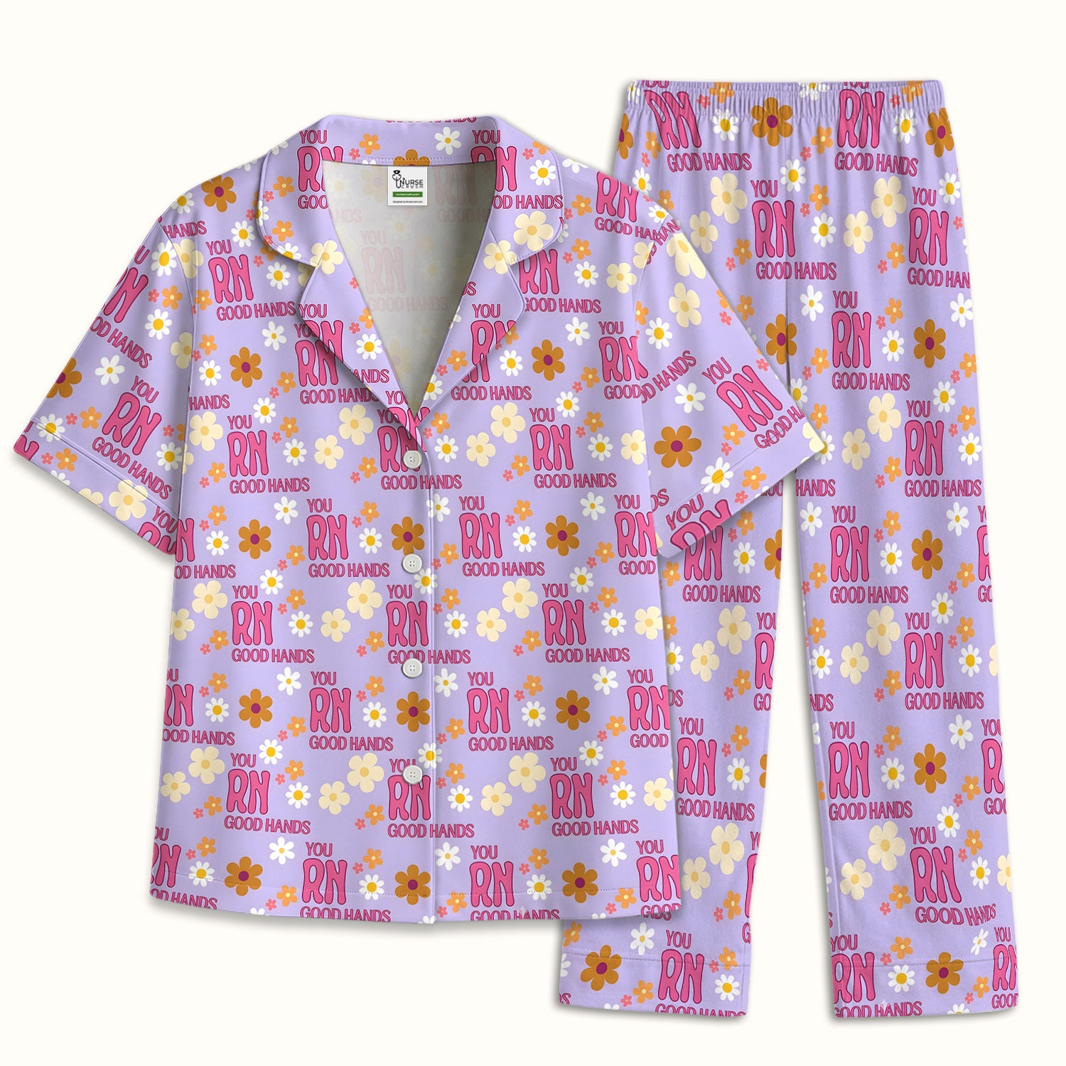 You RN Good Hands Floral Daisy Pattern Pajama Set, Breathable Fabrics Uniform
