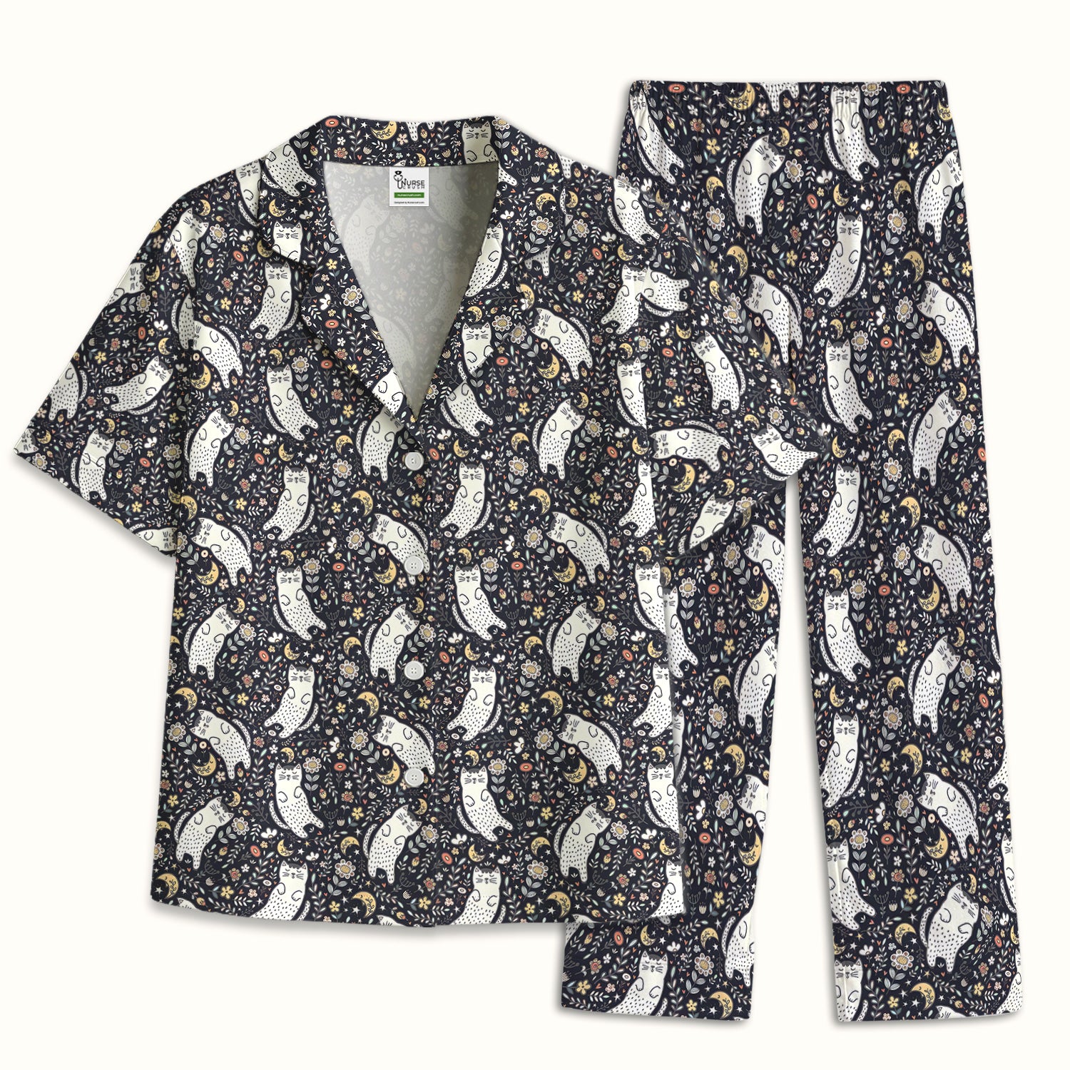 Moonlit Floral Cat Seamless Pattern Pajama Set, Soft Breathable Fabric Comfortable Sleepwear