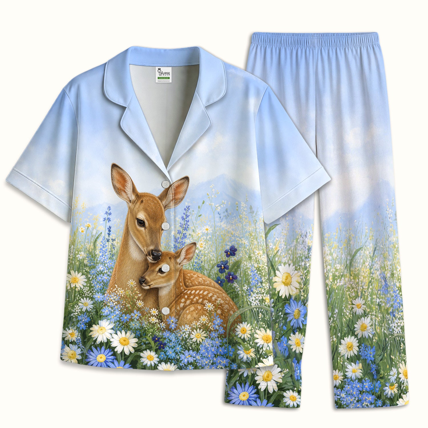 Cute Deer Mother Baby With Meadow Pattern Pajama Set, Soft Breathable Fabric Comfortable Sleepwear