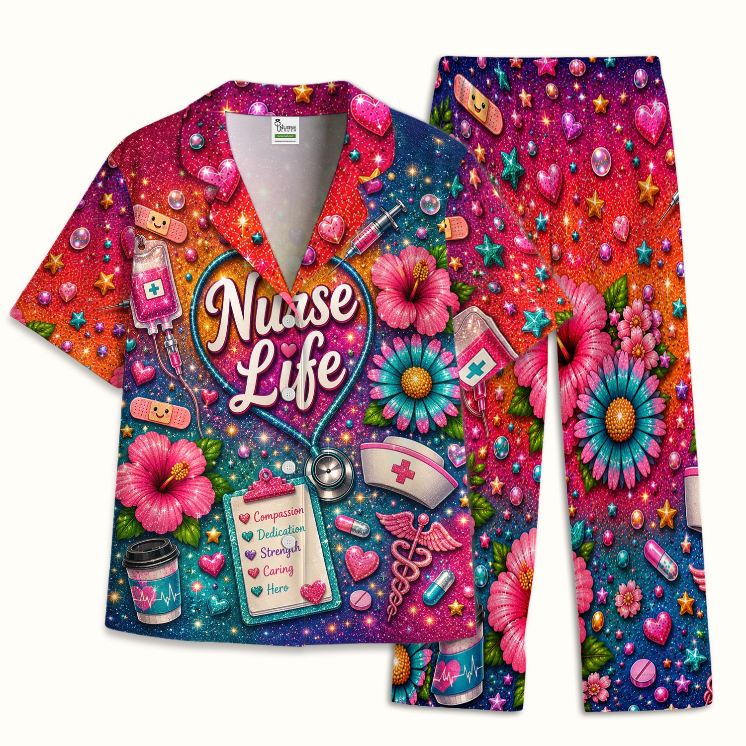 Colorful Nurse Life Heart Pattern Pajama Set, Soft Breathable Fabric Comfortable Sleepwear