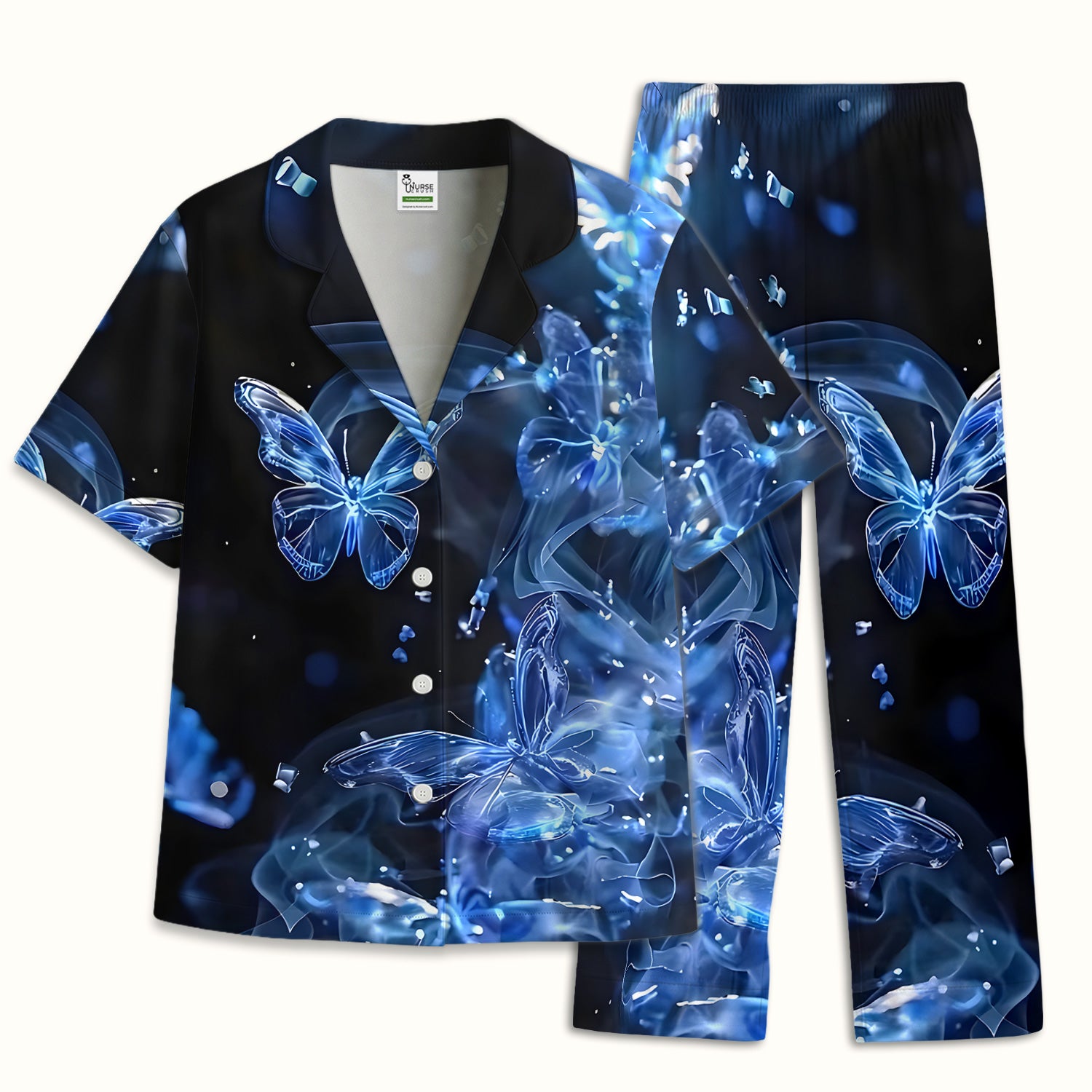 Glowing Blue Butterfly Garden Pattern Pajama Set, Soft Breathable Fabric Comfortable Sleepwear