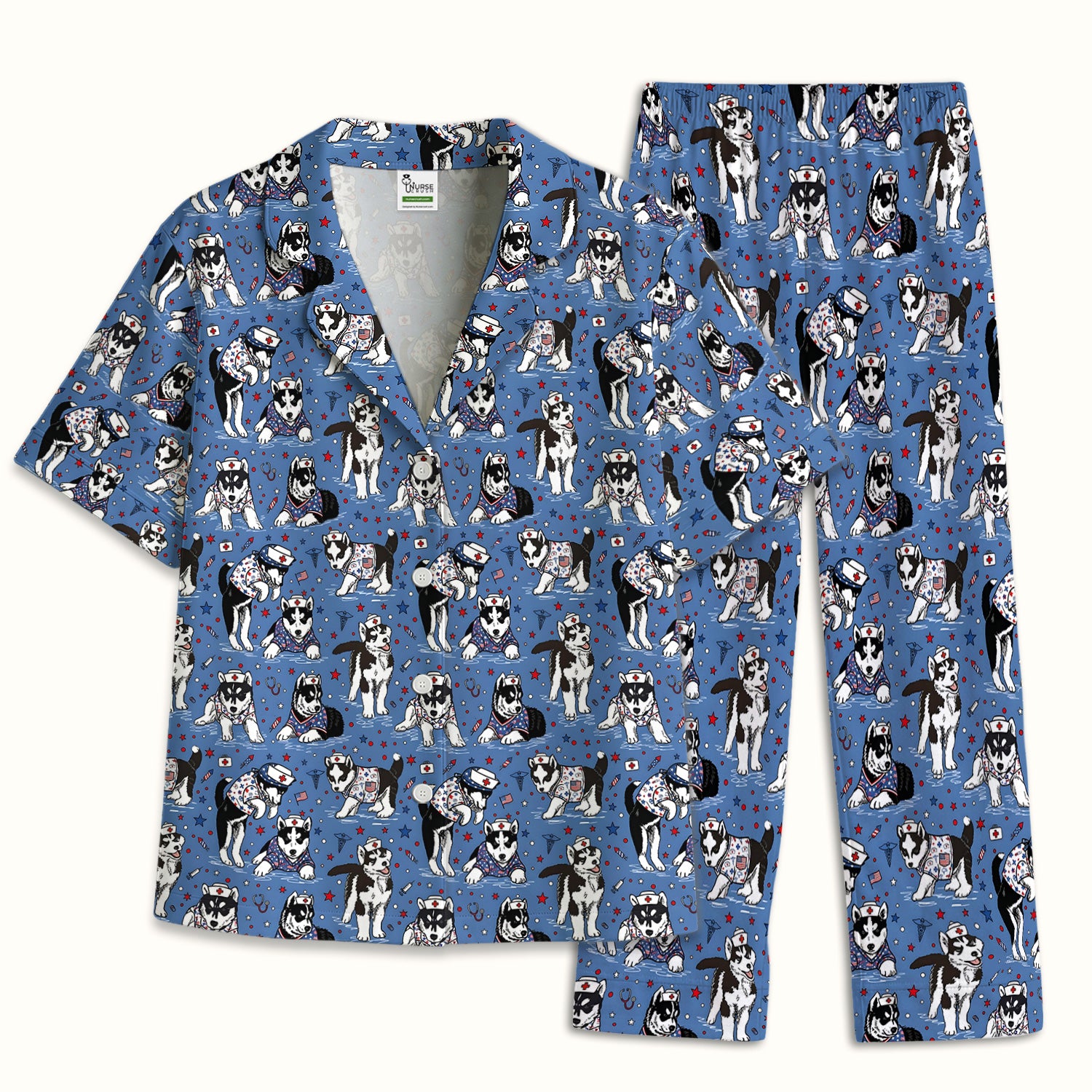 Cute Nurse Husky Dog Medical Pattern Pajama Set, Soft Breathable Fabric Comfortable Sleepwear