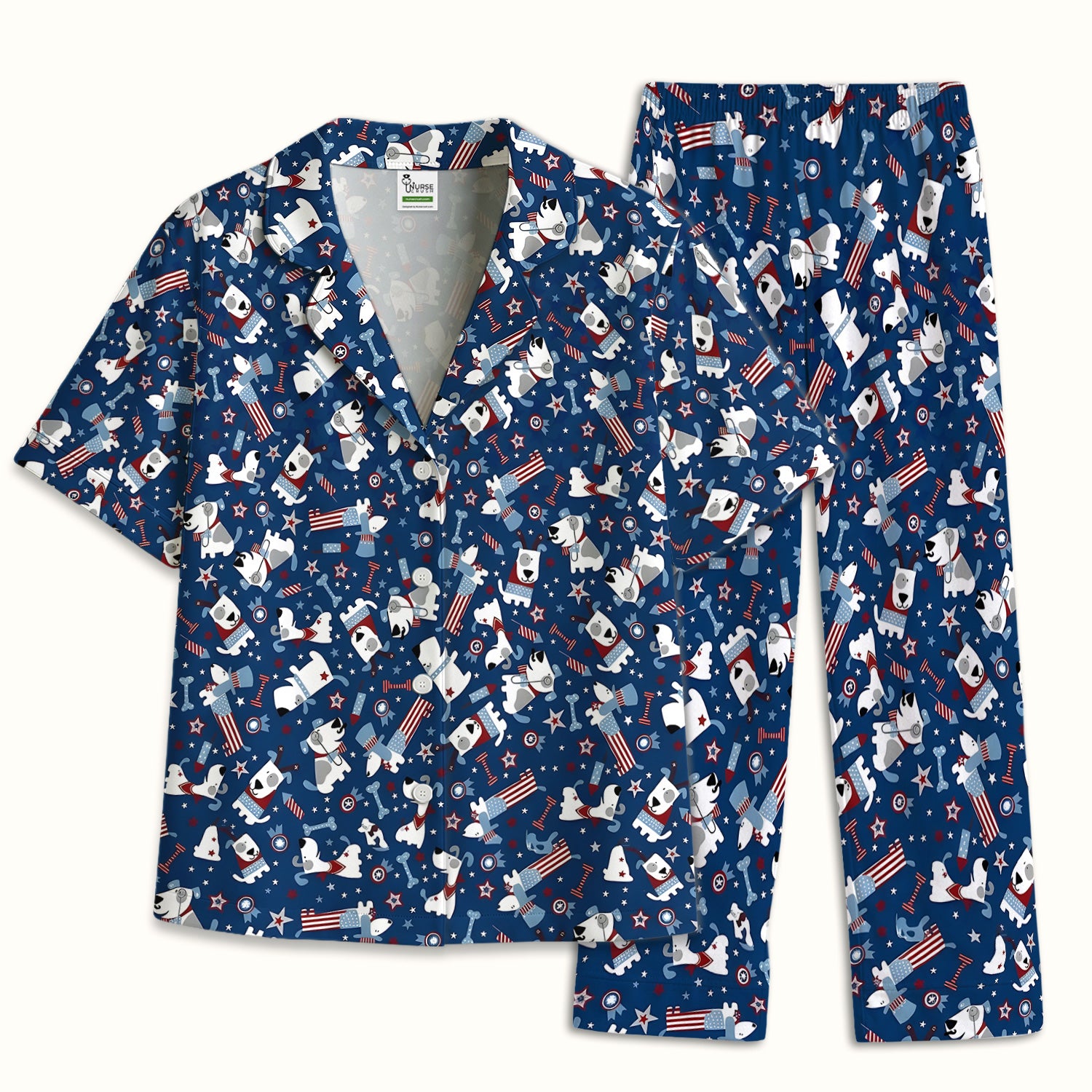 Patriotic Nurse Dog Stars Pattern Pajama Set, Soft Breathable Fabric Comfortable Sleepwear