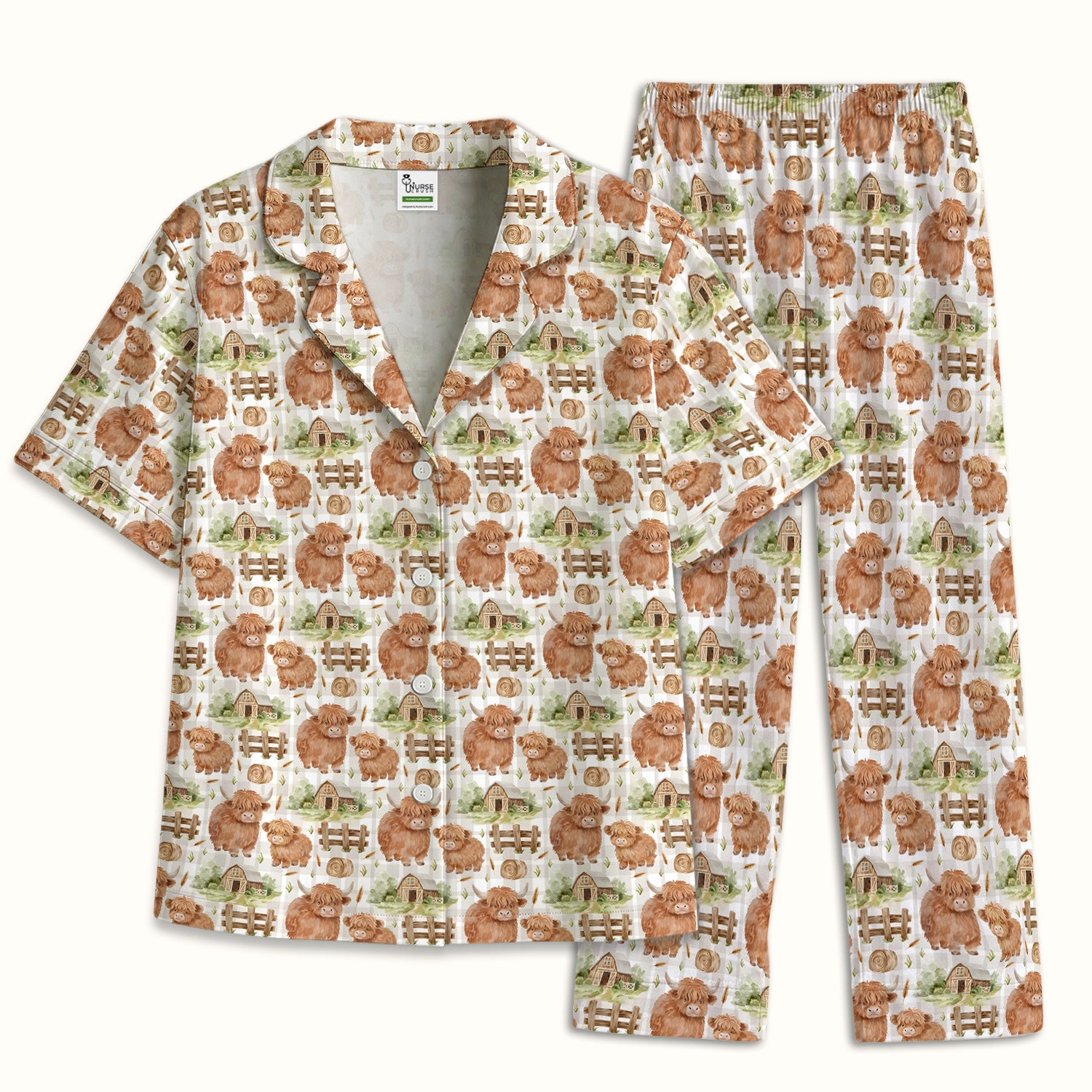 Cute Highland Cow With Farm Barn Fence Pajama Set, Soft Breathable Fabric Comfortable Sleepwear