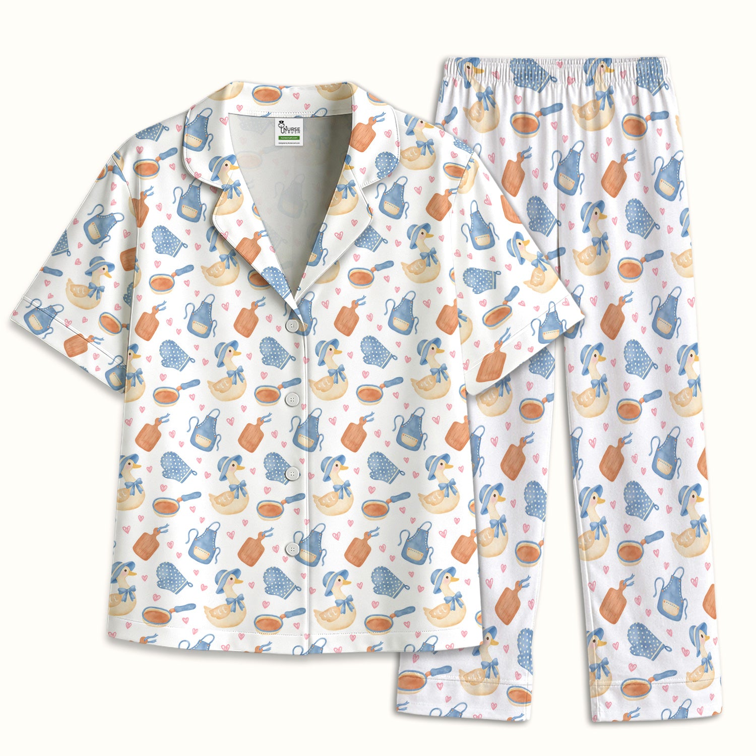 Duck Apron Kitchen Utensil Heart Pattern Pajama Set, Soft Breathable Fabric Comfortable Sleepwear