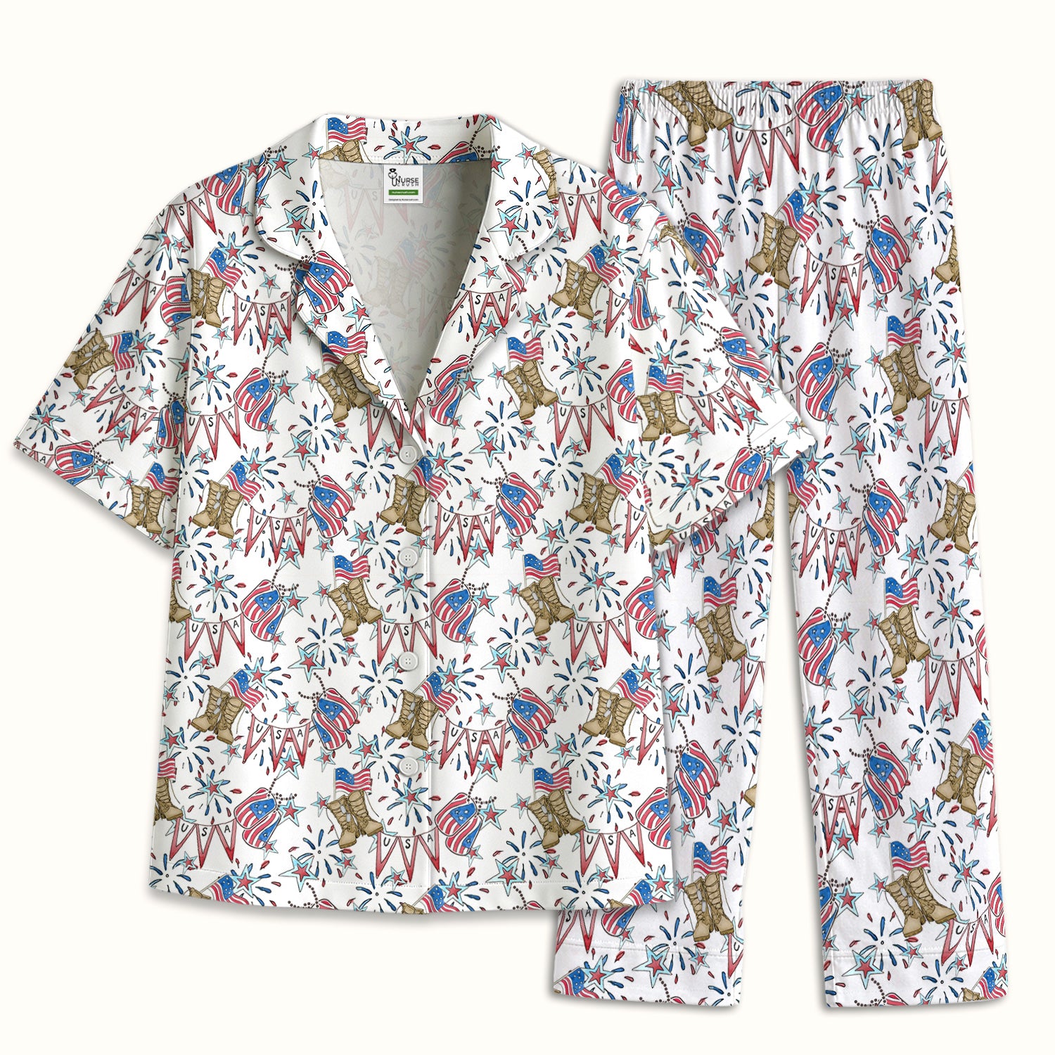 USA Boots Banner Pattern Pajama Set, Soft Breathable Fabric Comfortable Sleepwear