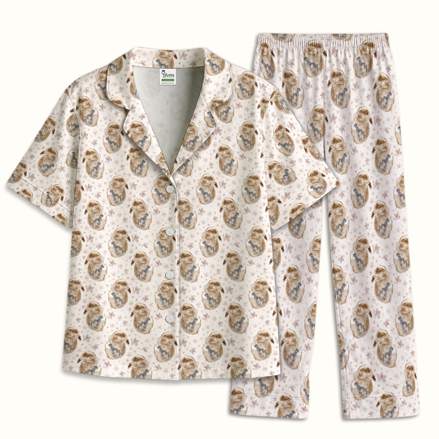 Cute Sleeping Bunny Floral Meadow Pattern Nurse Pajama Set, Soft Breathable Fabric Comfortable Sleepwear