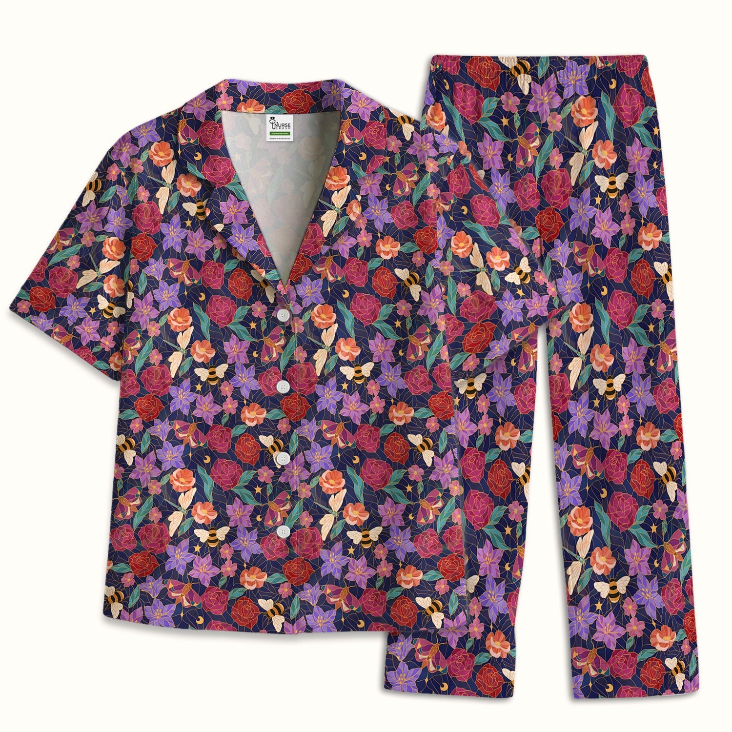 Charming Floral Garden With Bees And Dragonflies Pajama Set, Soft Breathable Fabric Comfortable Sleepwear
