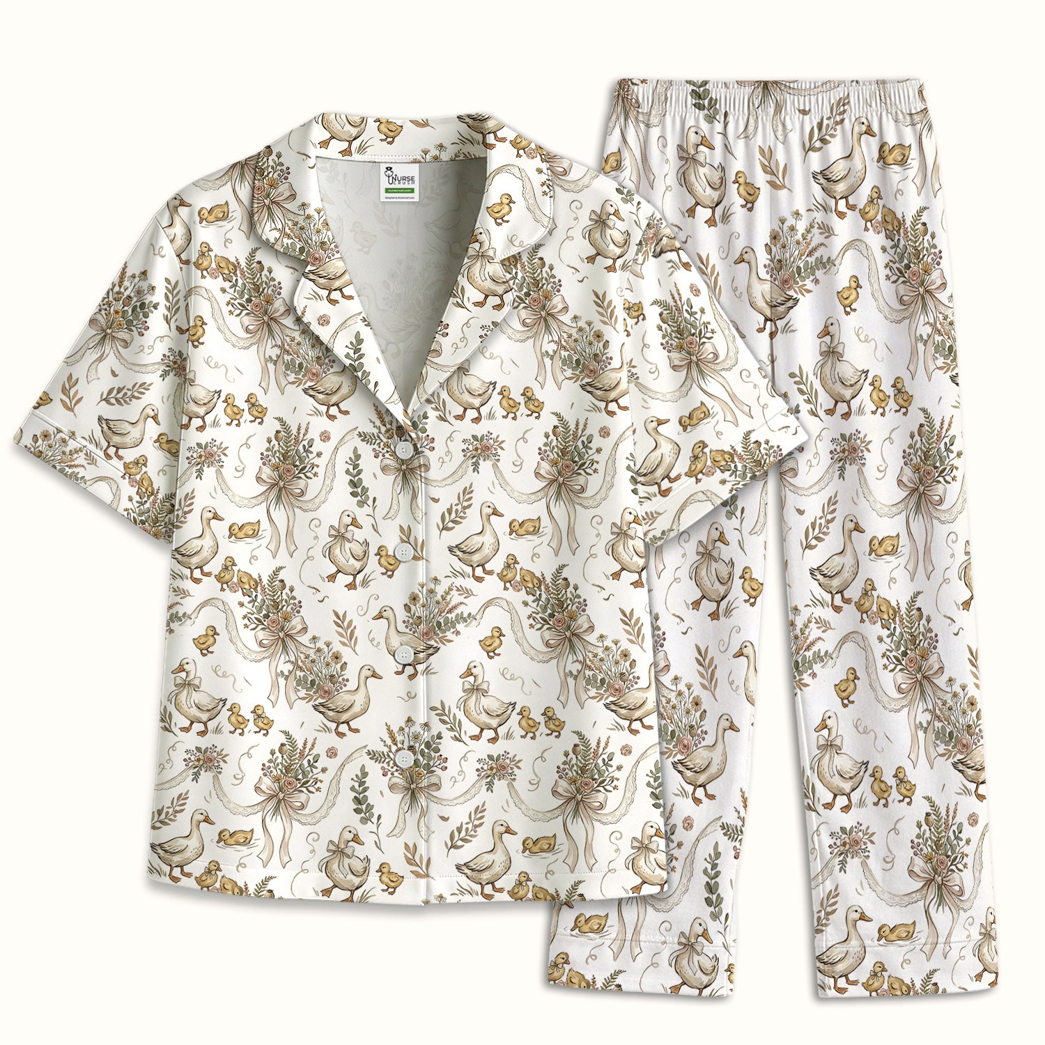Vintage Duck Family Ribbon Floral Pattern Nurse Pajama Set, Soft Breathable Fabric Comfortable Sleepwear