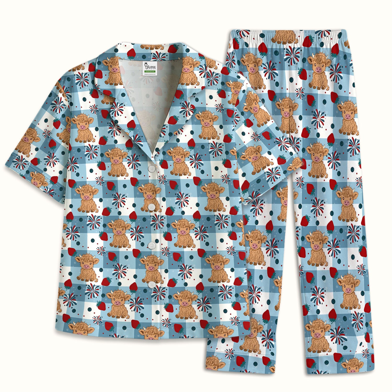 Highland Cow Strawberry Firework Gingham Pattern Pajama Set, Soft Breathable Fabric Comfortable Sleepwear