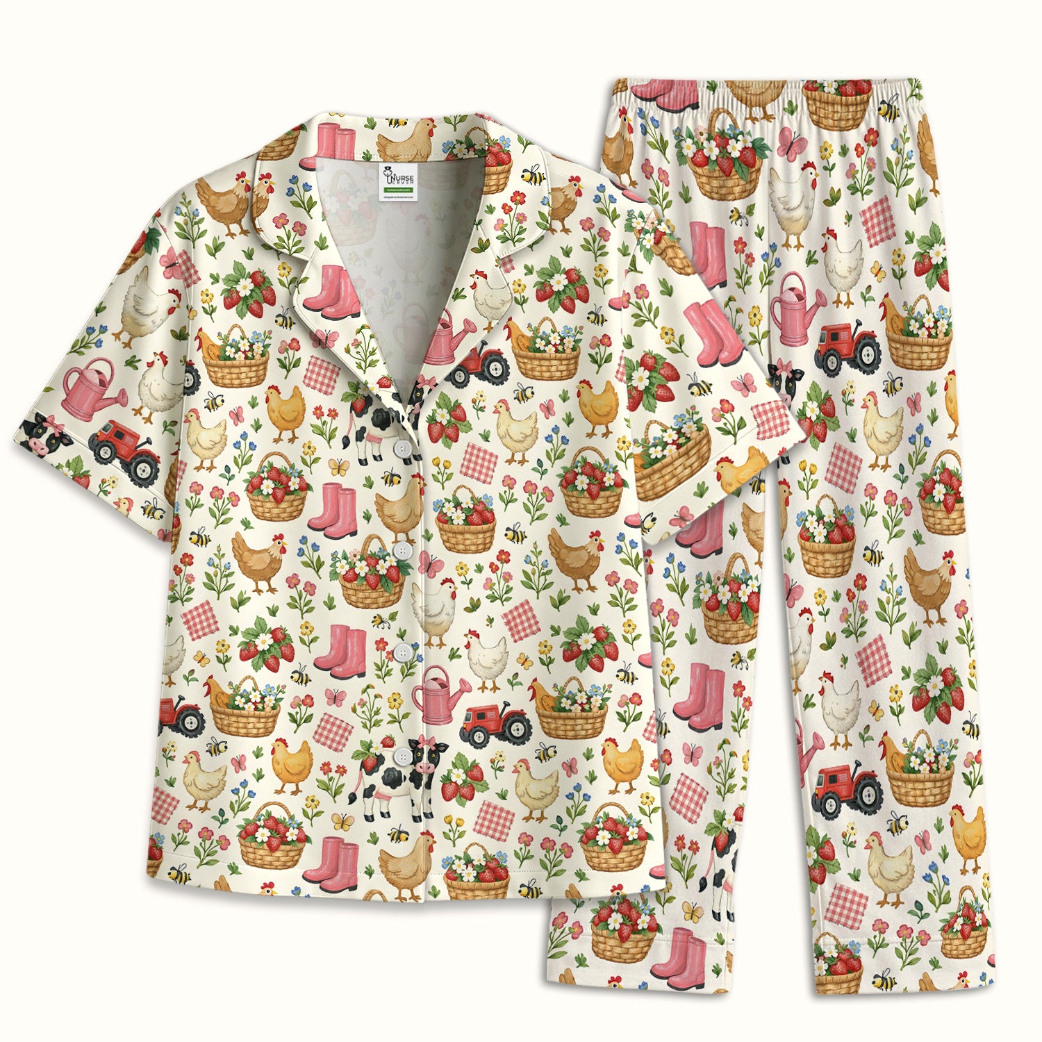 Whimsical Farm Animals Garden Pattern Pajama Set, Breathable Fabrics Uniform