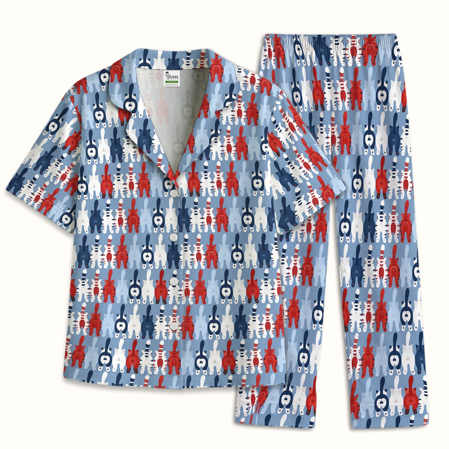 Colorful Patriotic Cat Tail Pattern Pajama Set, Soft Breathable Fabric Comfortable Sleepwear