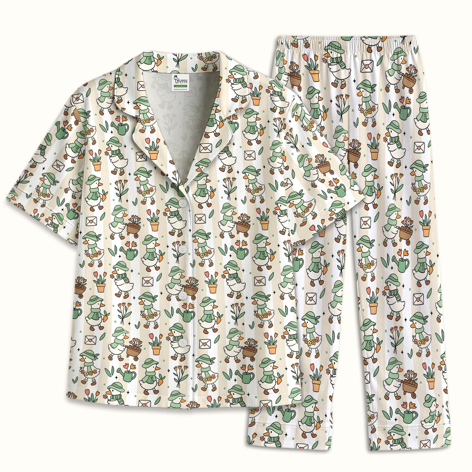 Cute Gardening Duck Floral Pattern Pajama Set, Soft Breathable Fabric Comfortable Sleepwear