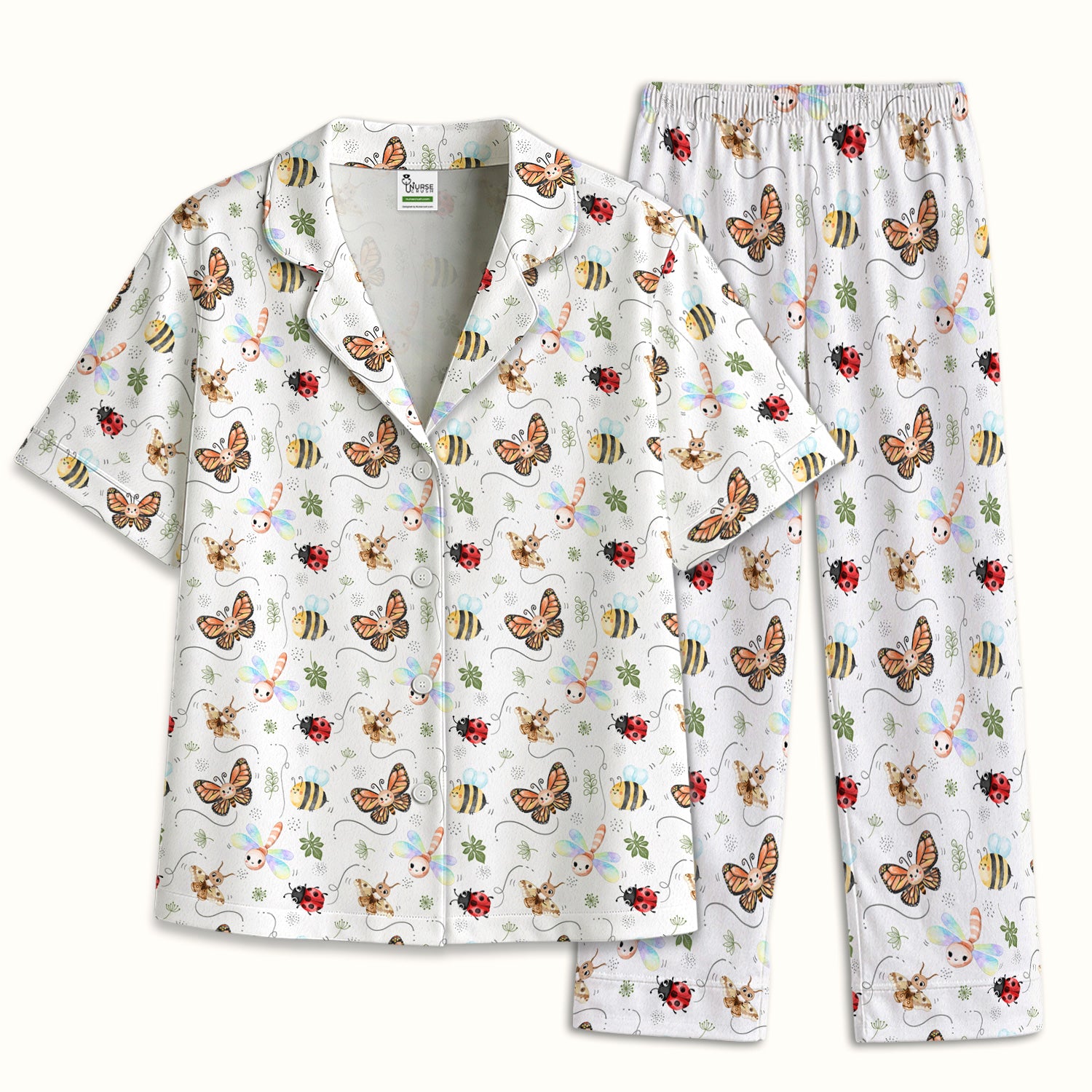 Colorful Garden Insect Pattern Pajama Set, Breathable Fabrics Uniform
