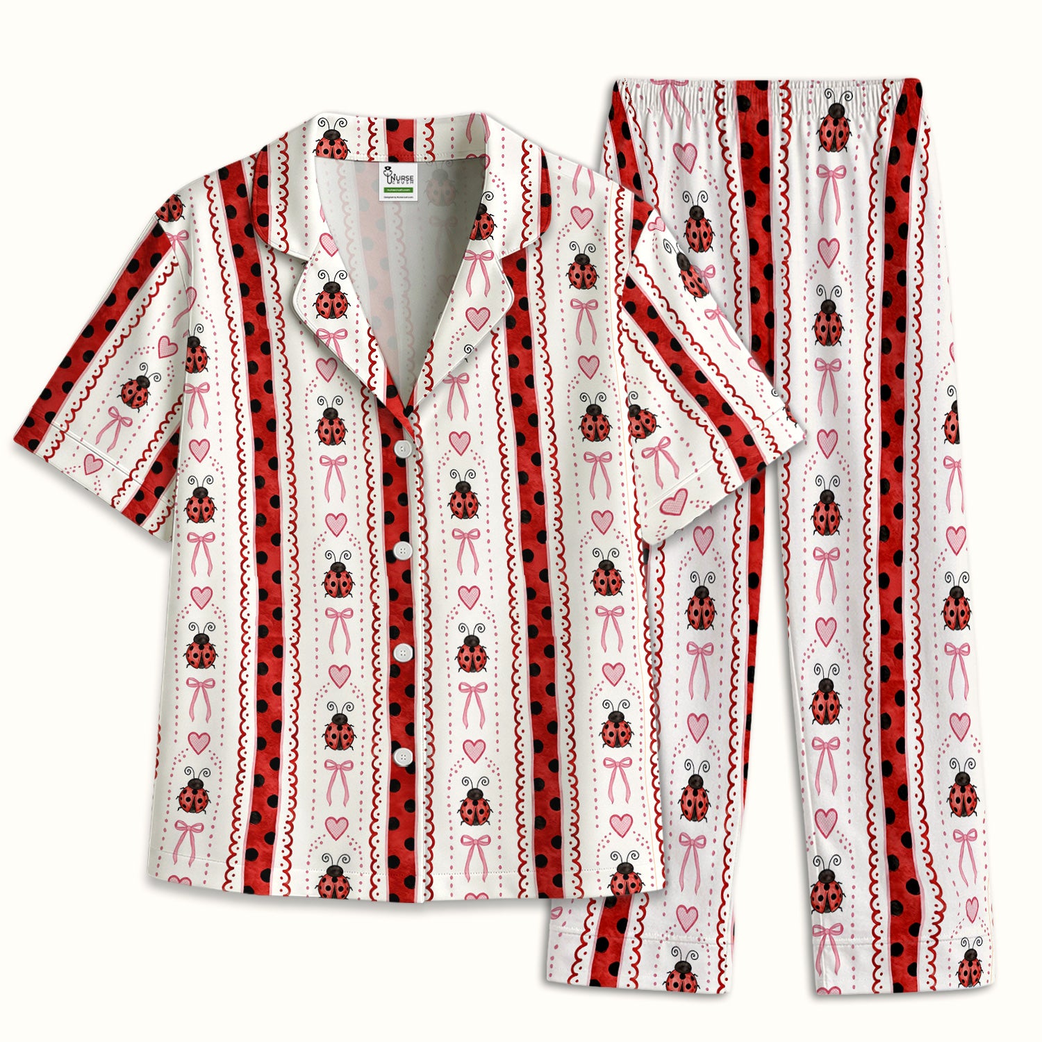 Cute Ladybug Heart Bow Stripe Pattern Pajama Set, Soft Breathable Fabric Comfortable Sleepwear