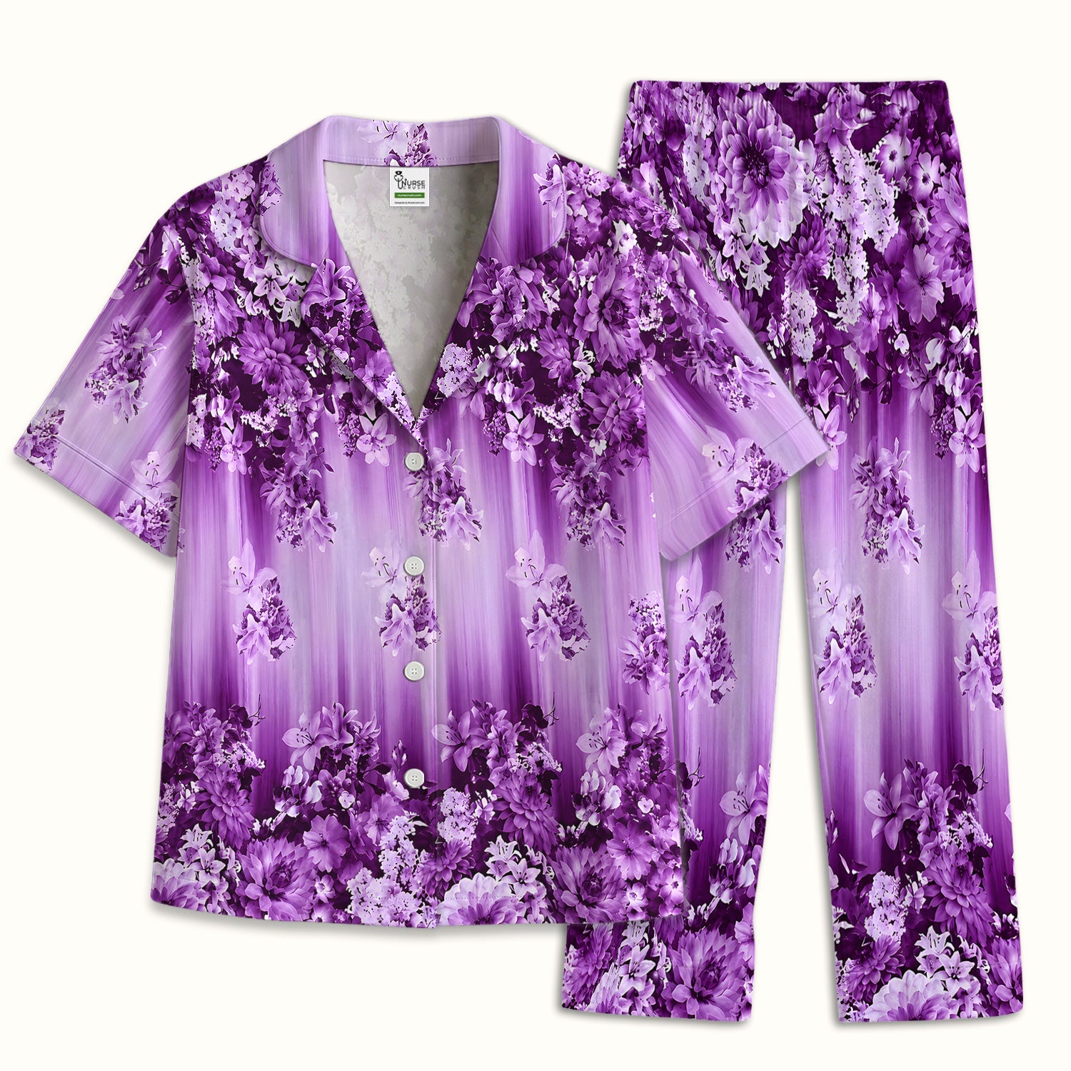 Purple Blossom Garden Pattern Pajama Set, Soft Breathable Fabric Comfortable Sleepwear