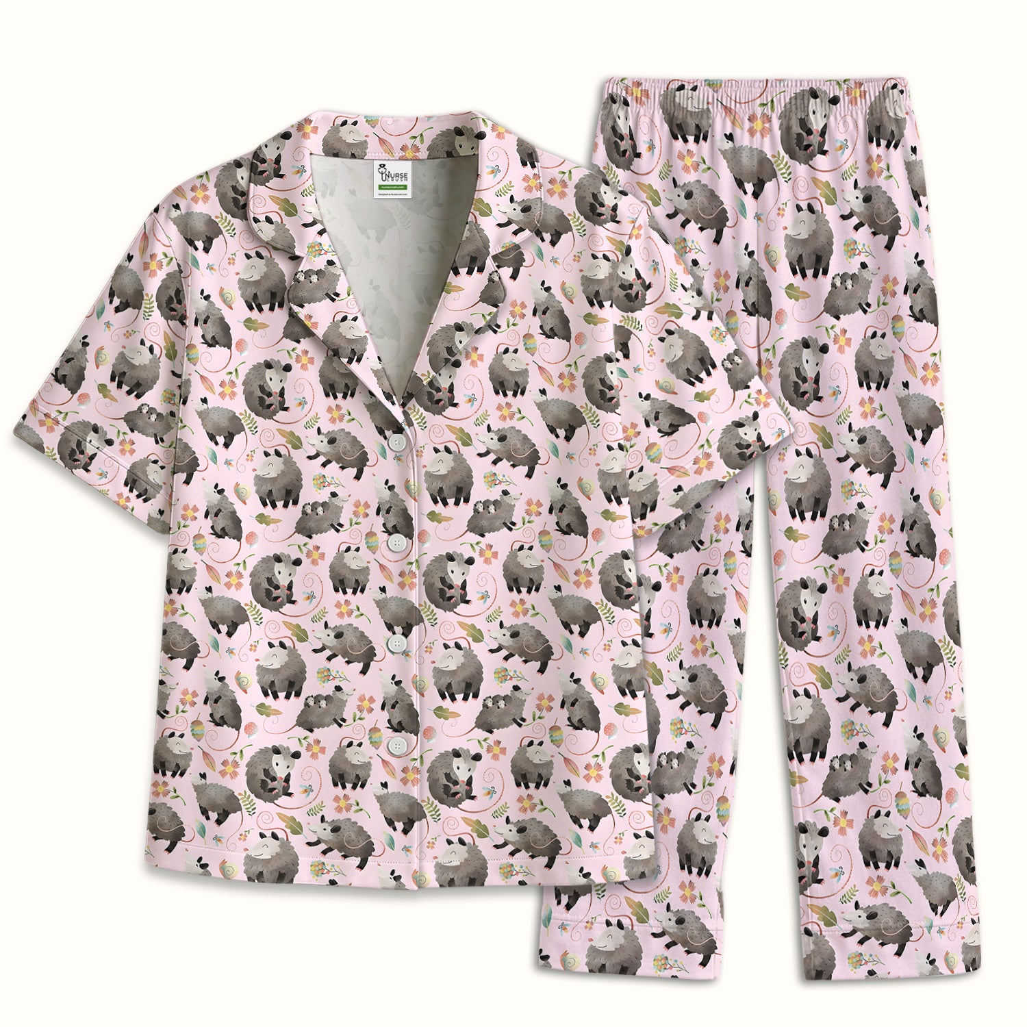 Cute Opossum Playing Flower Garden Pattern Pajama Set, Soft Breathable Fabric Comfortable Sleepwear