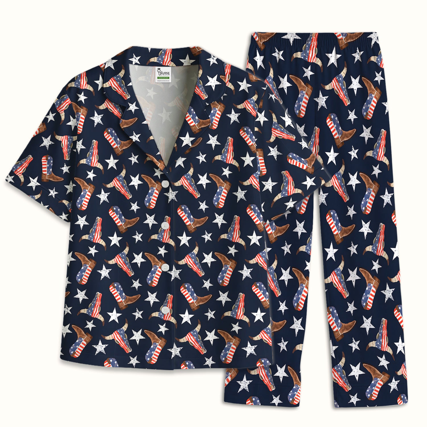 Western Boots Stars Pattern Pajama Set, Soft Breathable Fabric Comfortable Sleepwear
