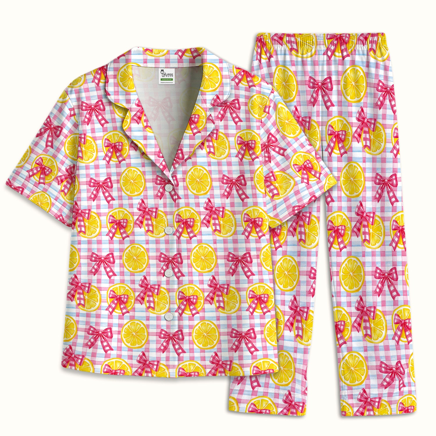 Cute Lemon Slice Pink Bow Gingham Pattern Pajama Set, Soft Breathable Fabric Comfortable Sleepwear
