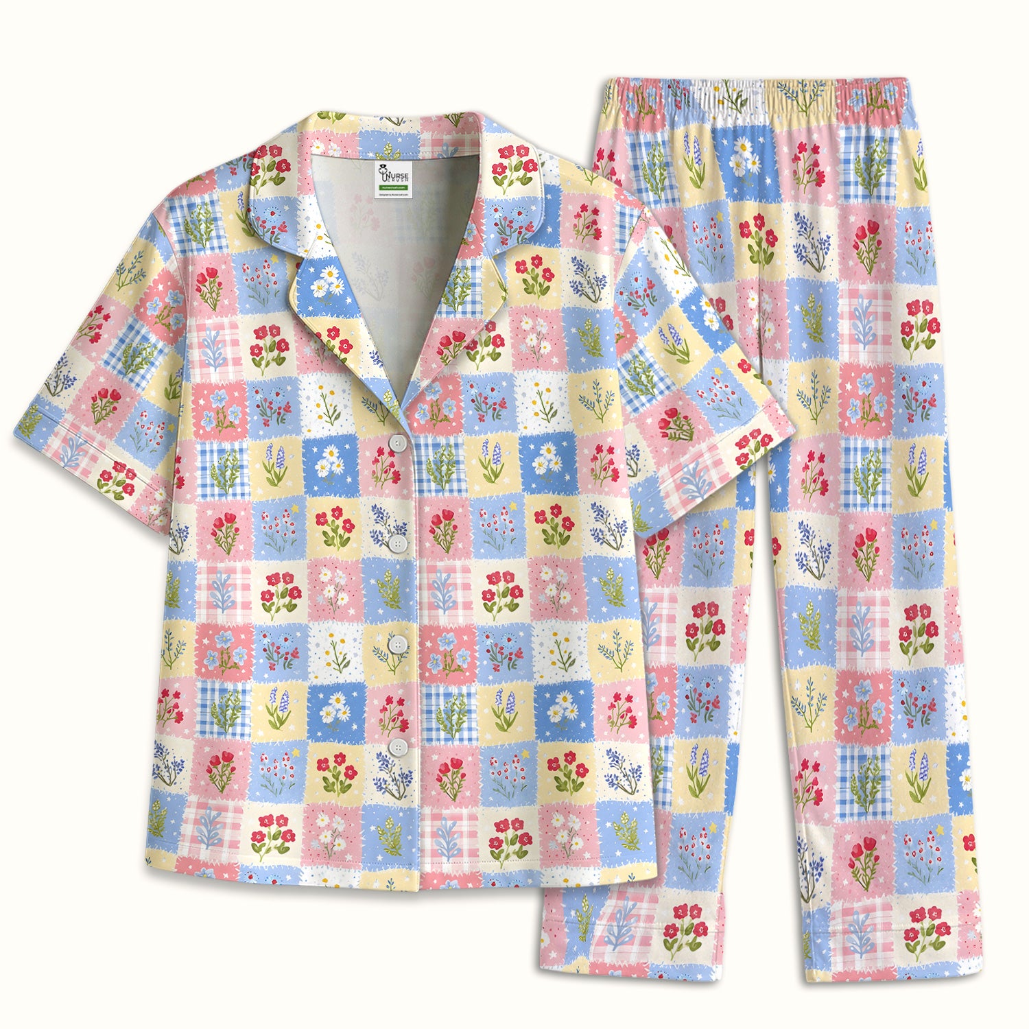 Pastel Patchwork Wildflower Garden Print Pajama Set, Soft Breathable Fabric Comfortable Sleepwear