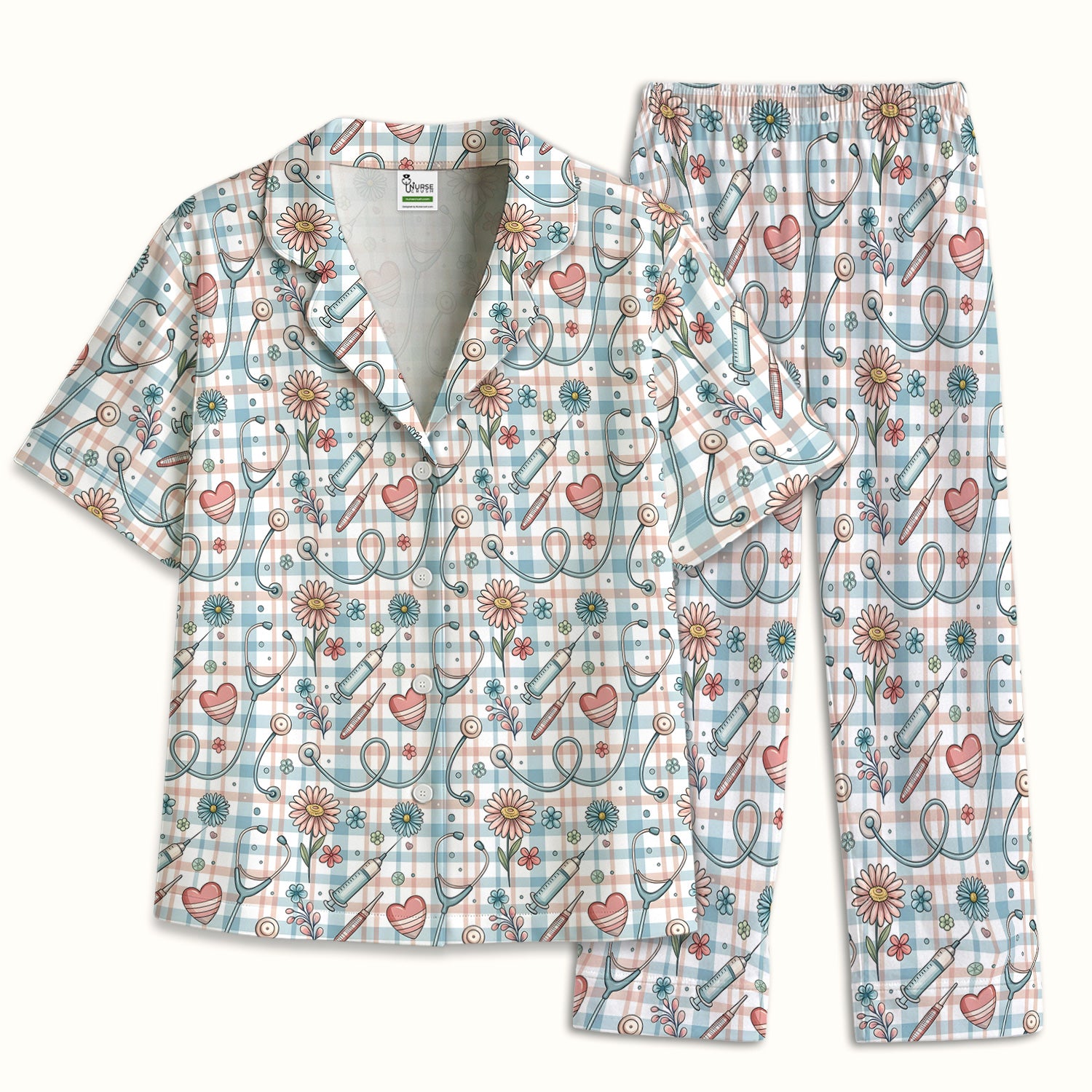 Stethoscope Heart Syringe Floral Plaid Pattern Pajama Set, Breathable Fabrics Uniform