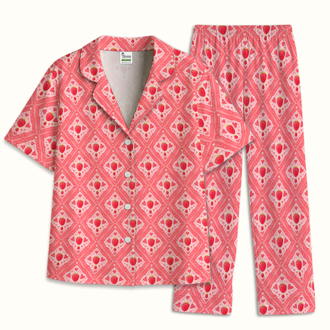 Cute Raspberry Heart Diamond Pattern Pajama Set, Soft Breathable Fabric Comfortable Sleepwear