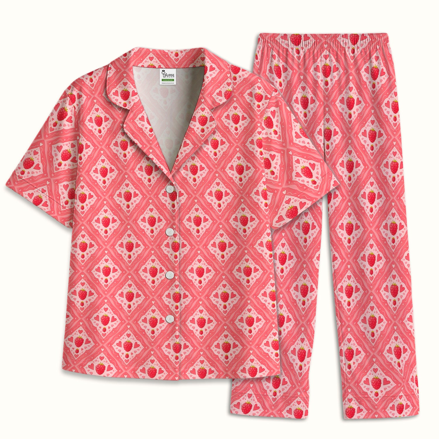 Cute Raspberry Heart Diamond Pattern Pajama Set, Soft Breathable Fabric Comfortable Sleepwear