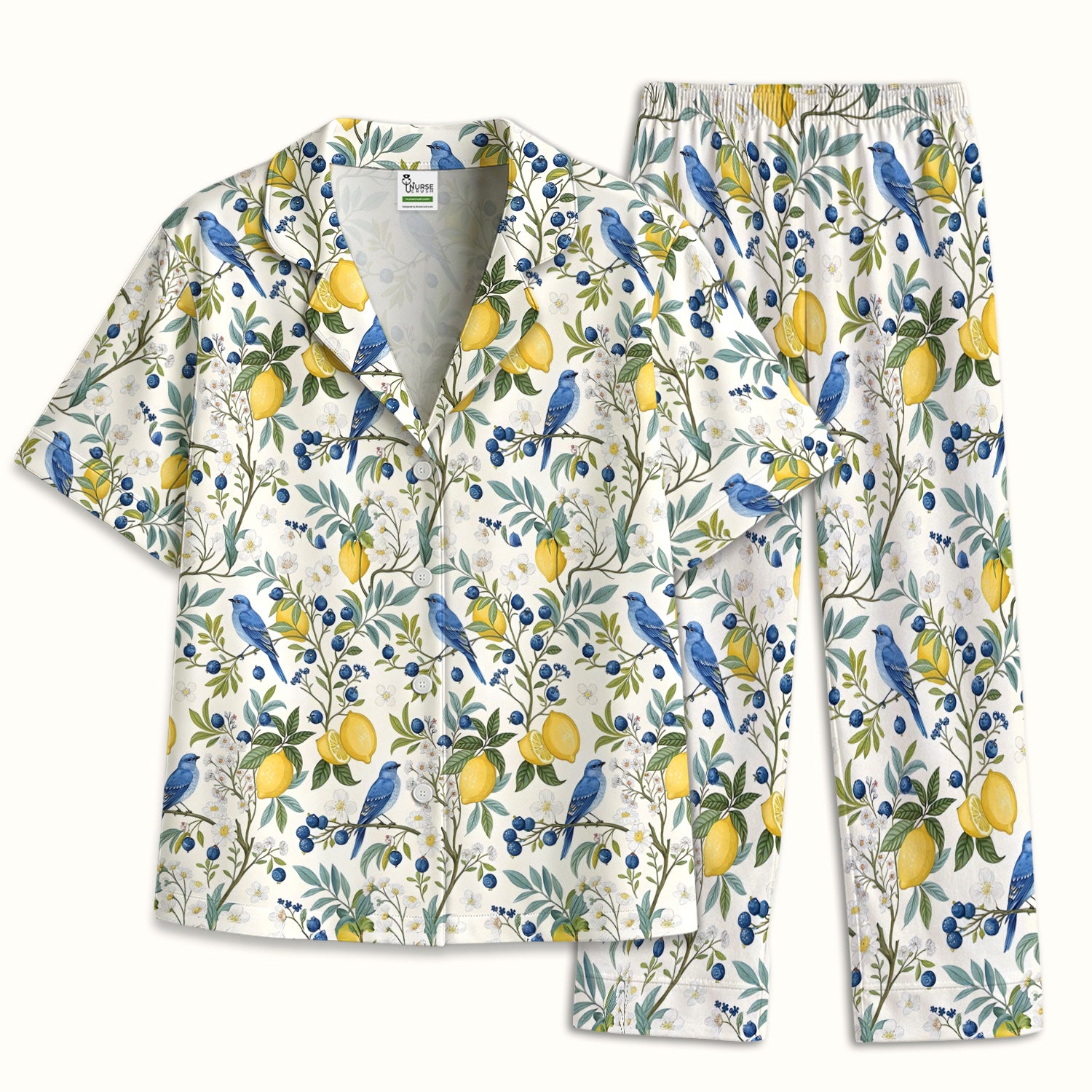 Cute Bluebird Lemon Berry Pattern Pajama Set, Soft Breathable Fabric Comfortable Sleepwear