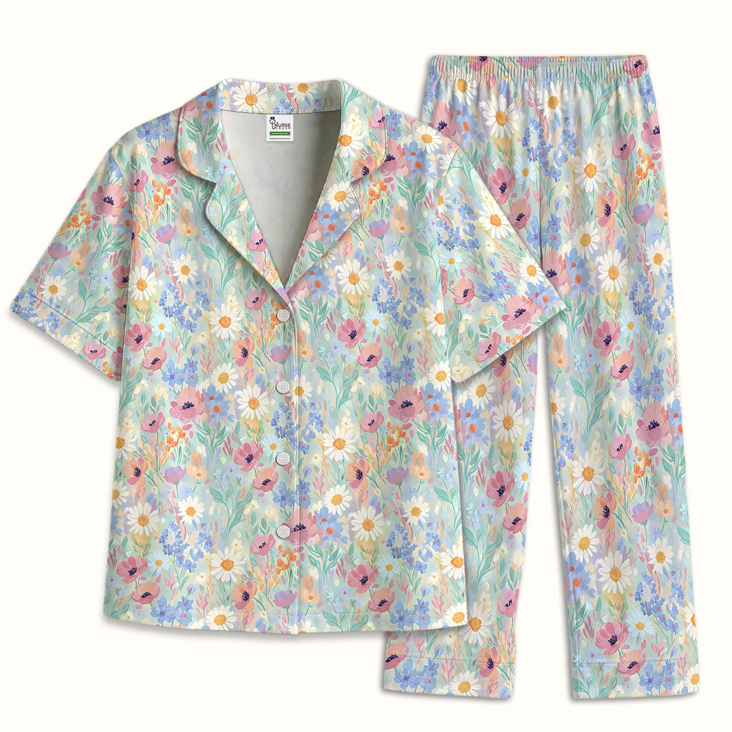 Pastel Wildflower Meadow Floral Pattern Pajama Set, Breathable Fabrics Uniform