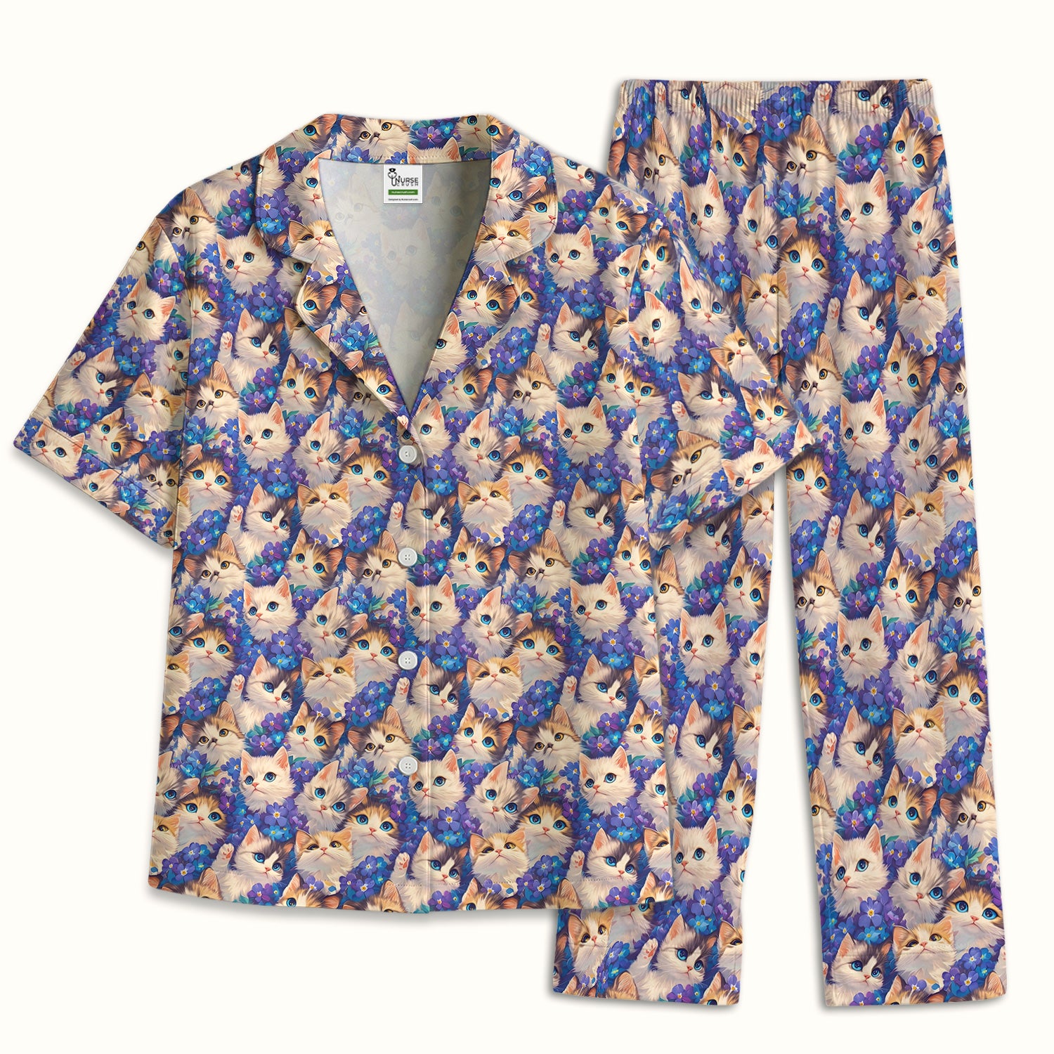 Cute Blue Eyed Kitten Pattern Pajama Set, Soft Breathable Fabric Comfortable Sleepwear