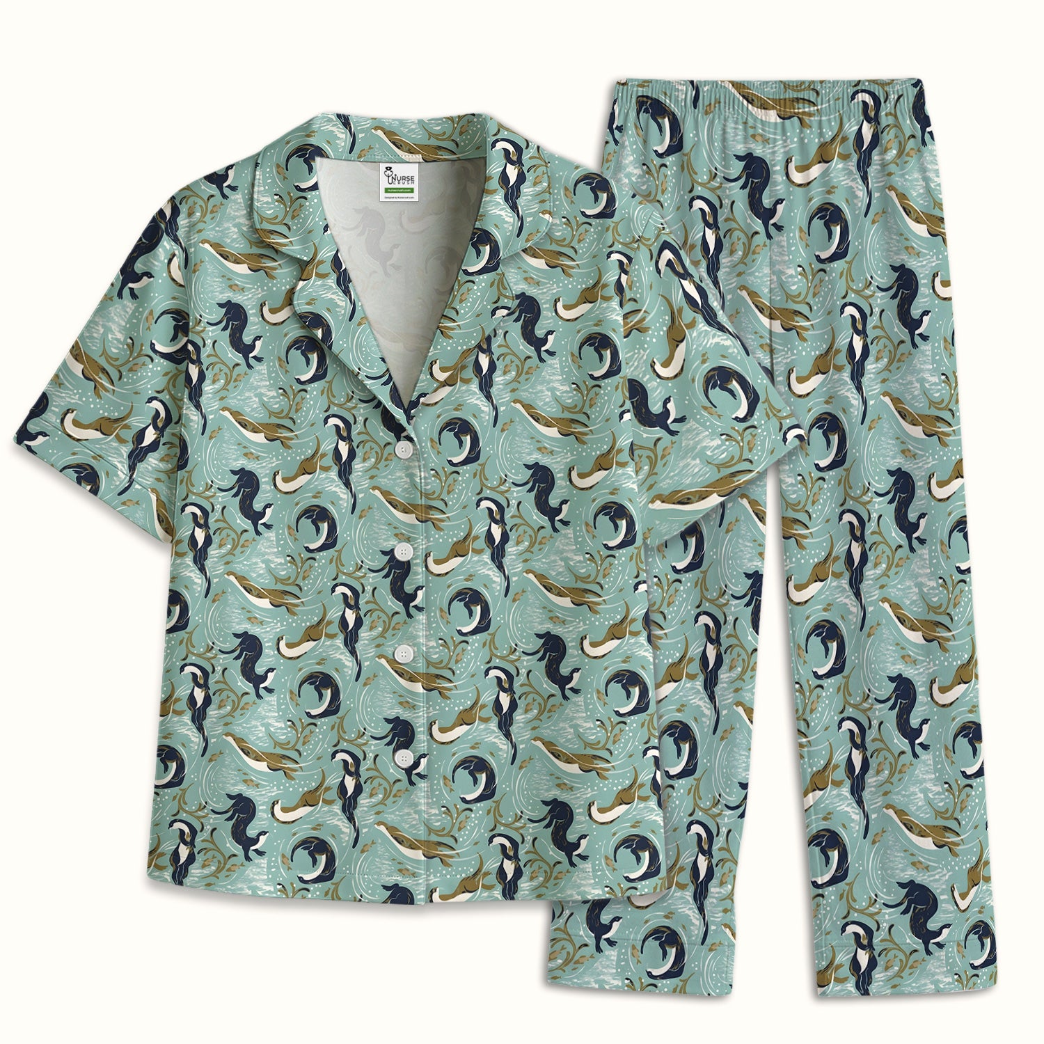 Sea Otter Ocean Wave Coastal Pattern Pajama Set, Breathable Fabrics Uniform