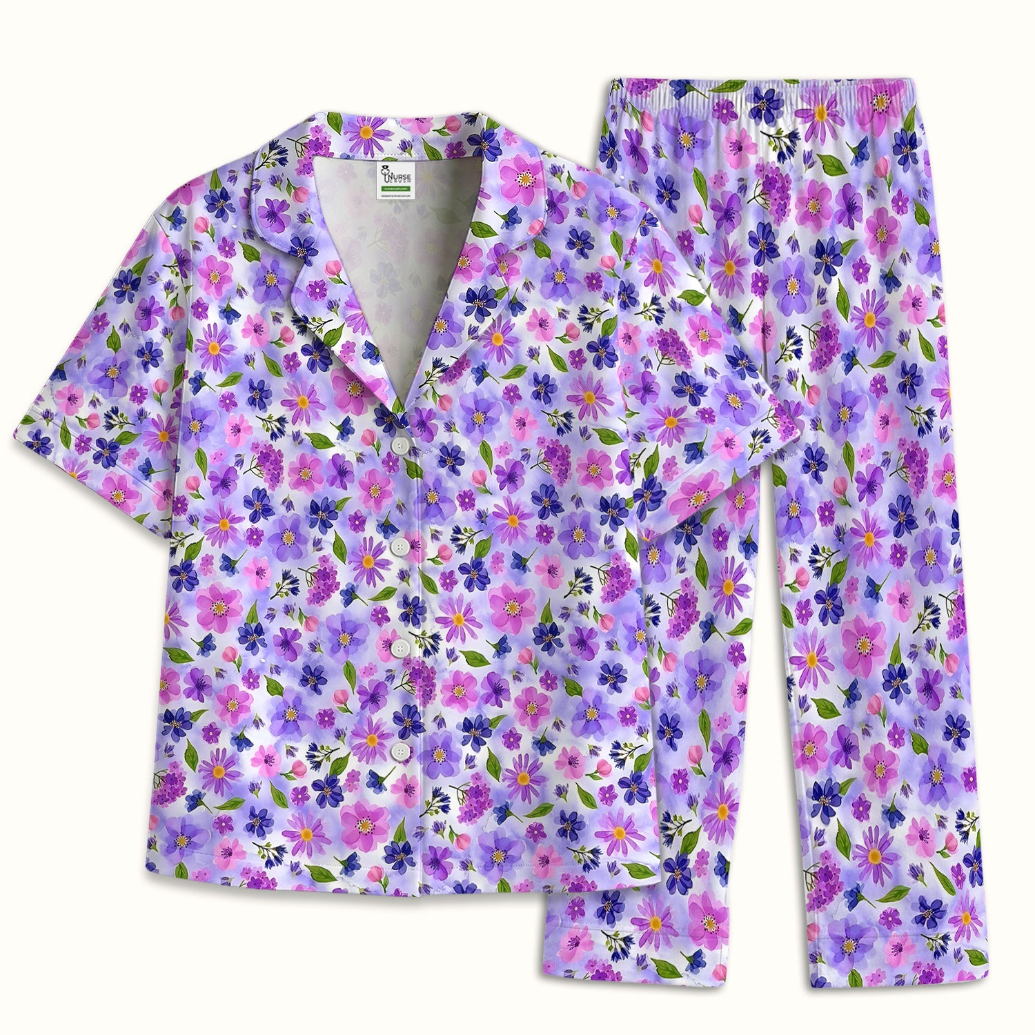 Purple Watercolor Wildflower Bloom Pattern Pajama Set, Soft Breathable Fabric Comfortable Sleepwear