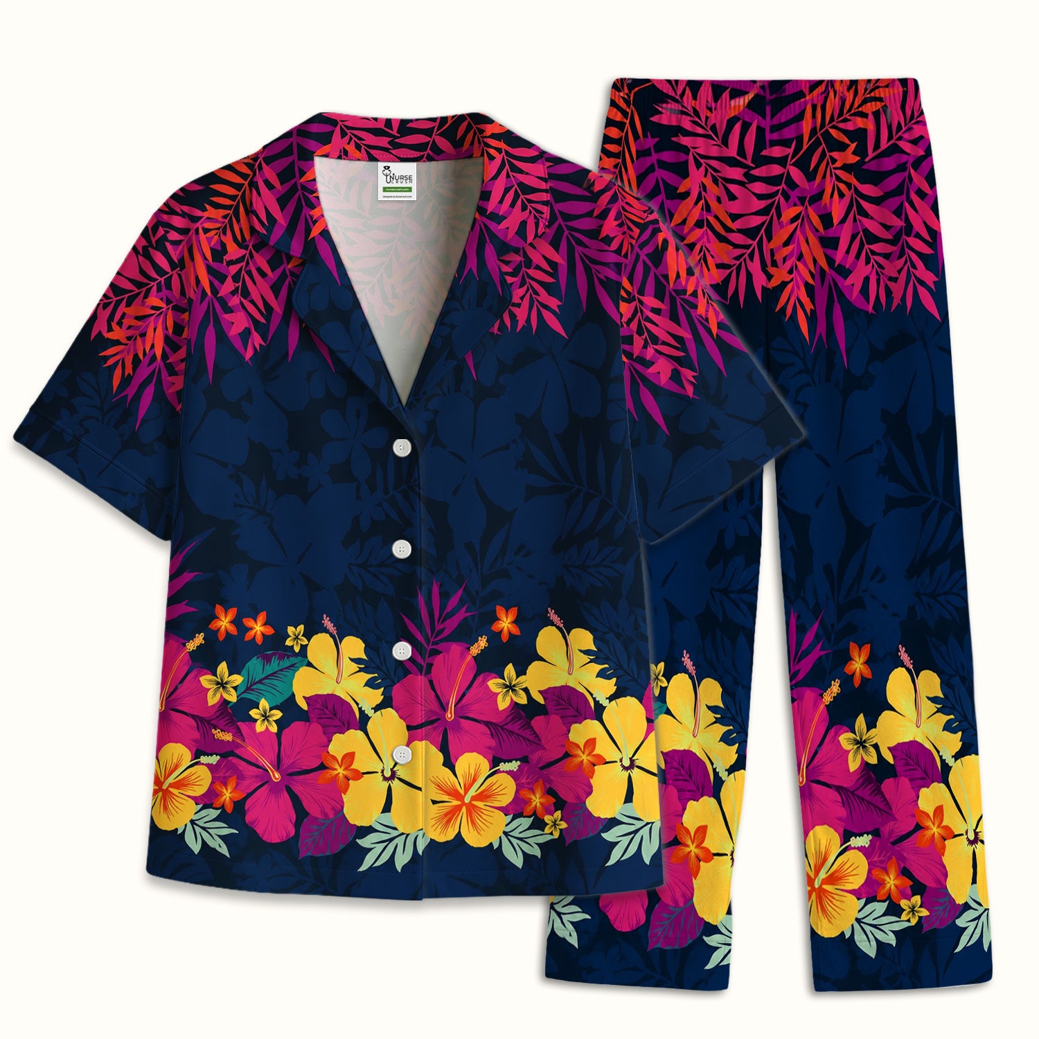 Tropical Hibiscus Palm Leaf Pattern Pajama Set, Soft Breathable Fabric Comfortable Sleepwear