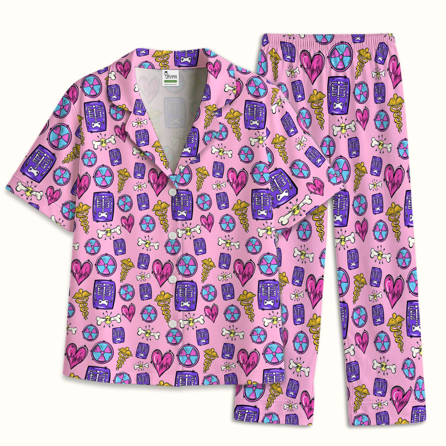 Sassy Nurse Heart Bone Caduceus Xray Icon Print Pajama Set, Soft Breathable Fabric Comfortable Sleepwear