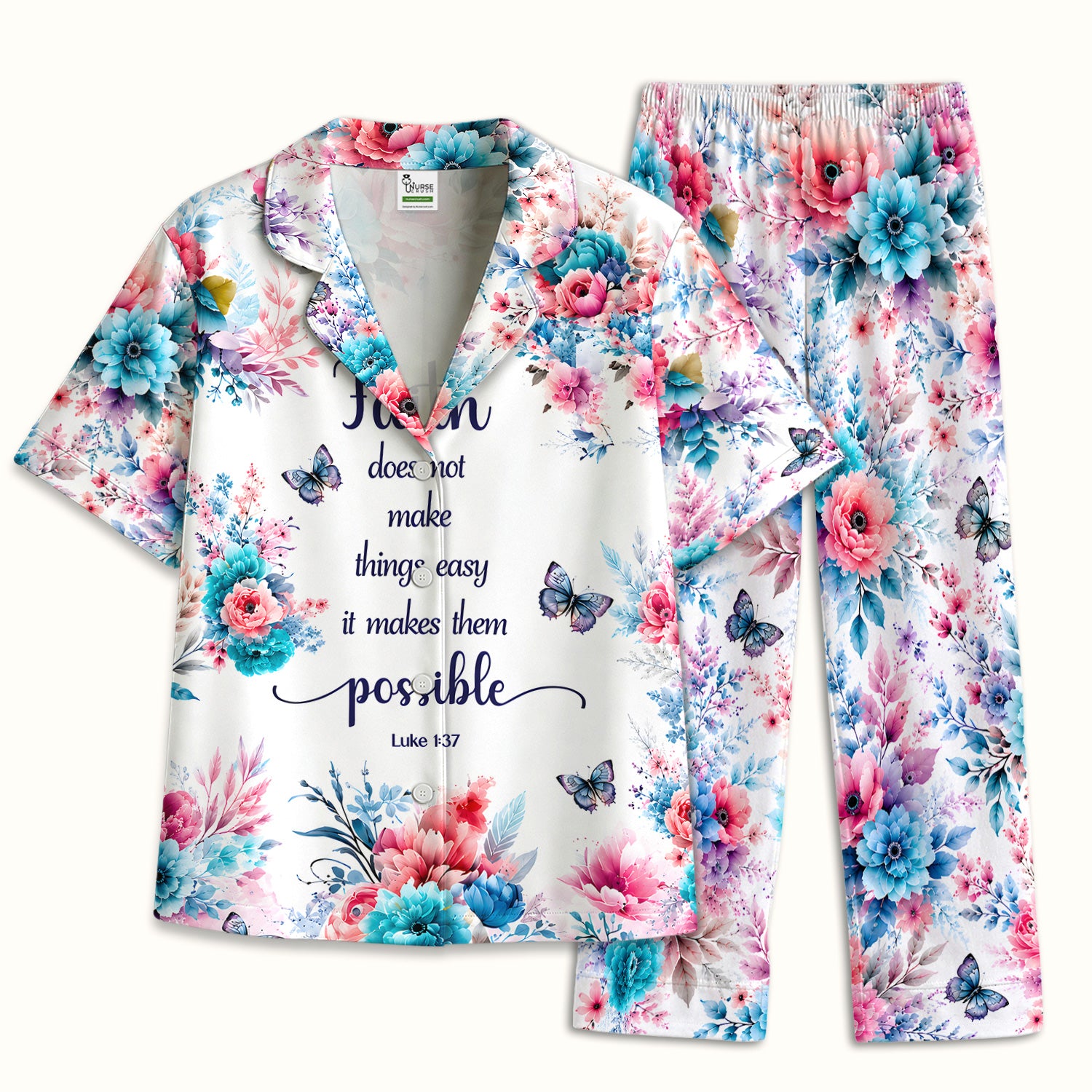 Inspirational Faith Floral Butterfly Pattern Pajama Set, Soft Breathable Fabric Comfortable Sleepwear