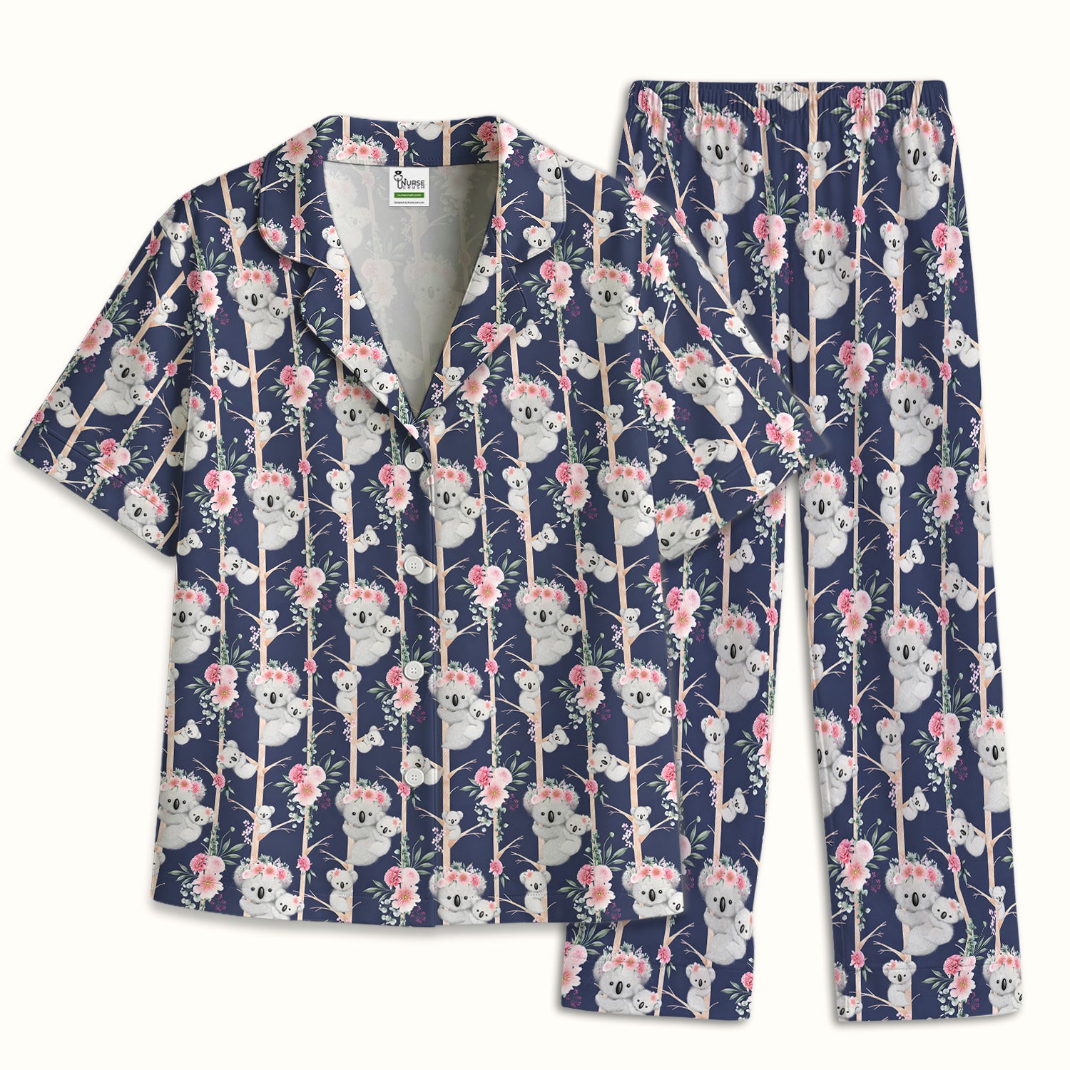 Cute Koala Climbing Tree Blossom Pattern Nurse Pajama Set, Soft Breathable Fabric Comfortable Sleepwear