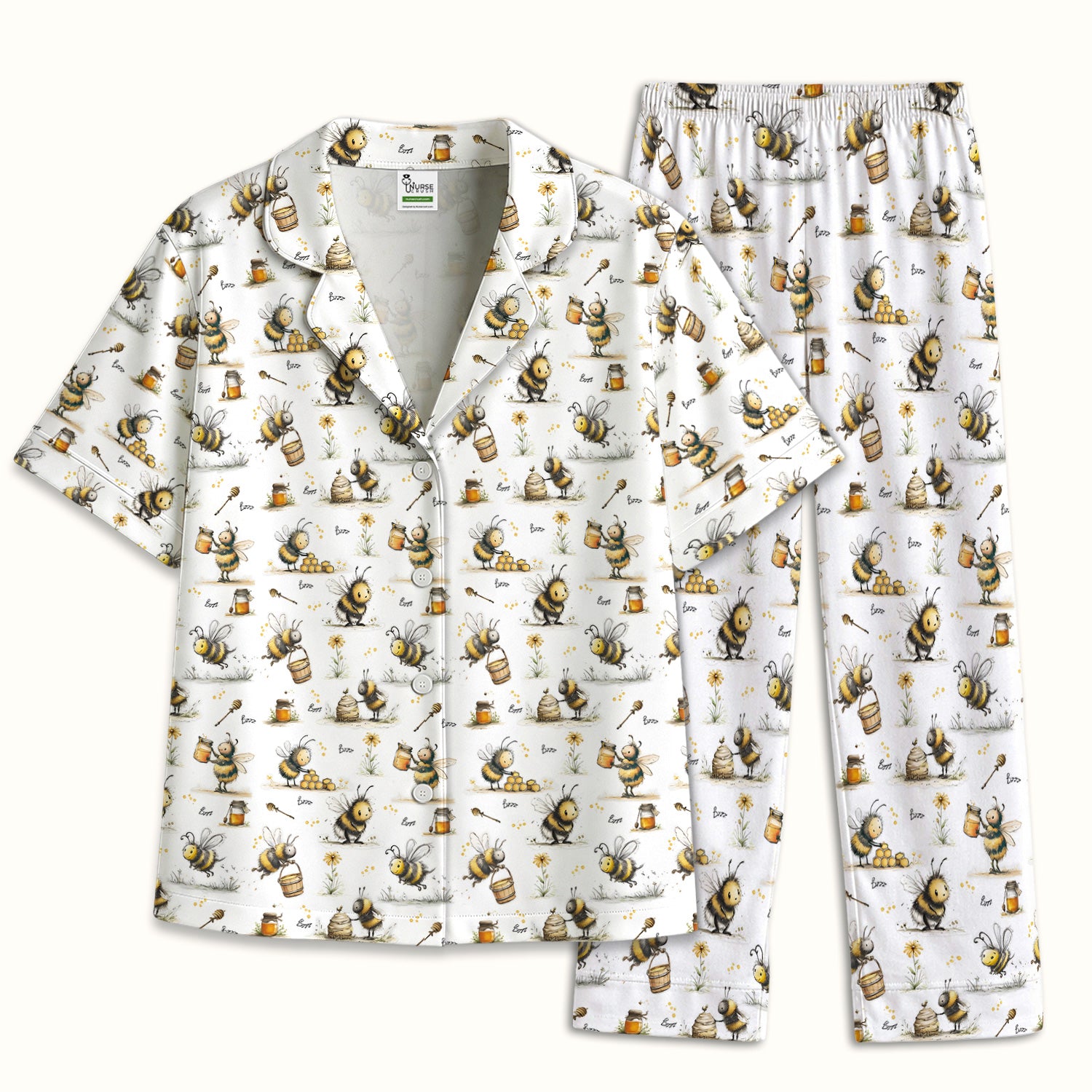 Cute Honey Bee Jar Garden Pattern Pajama Set, Soft Breathable Fabric Comfortable Sleepwear
