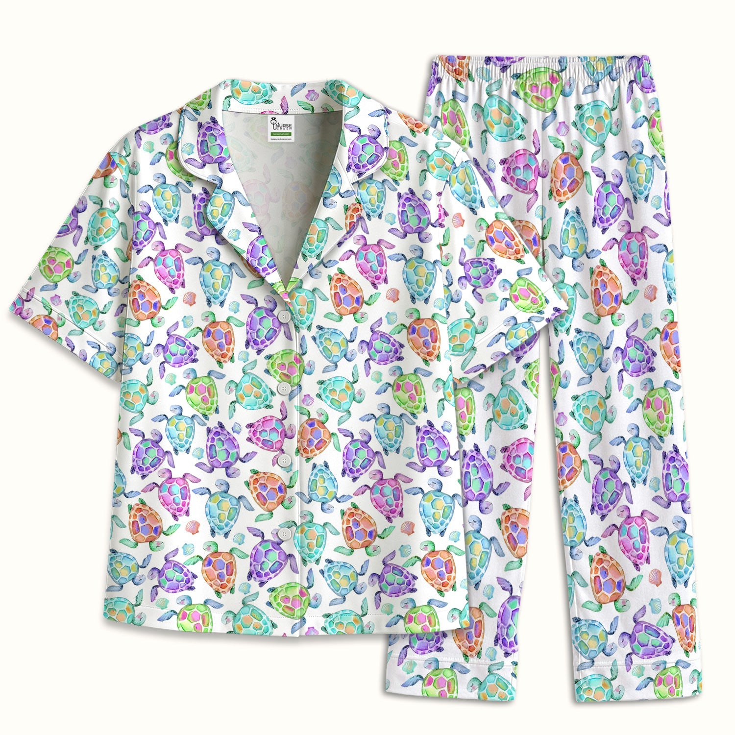 Colorful Sea Turtle Shell Pattern Pajama Set, Soft Breathable Fabric Comfortable Sleepwear