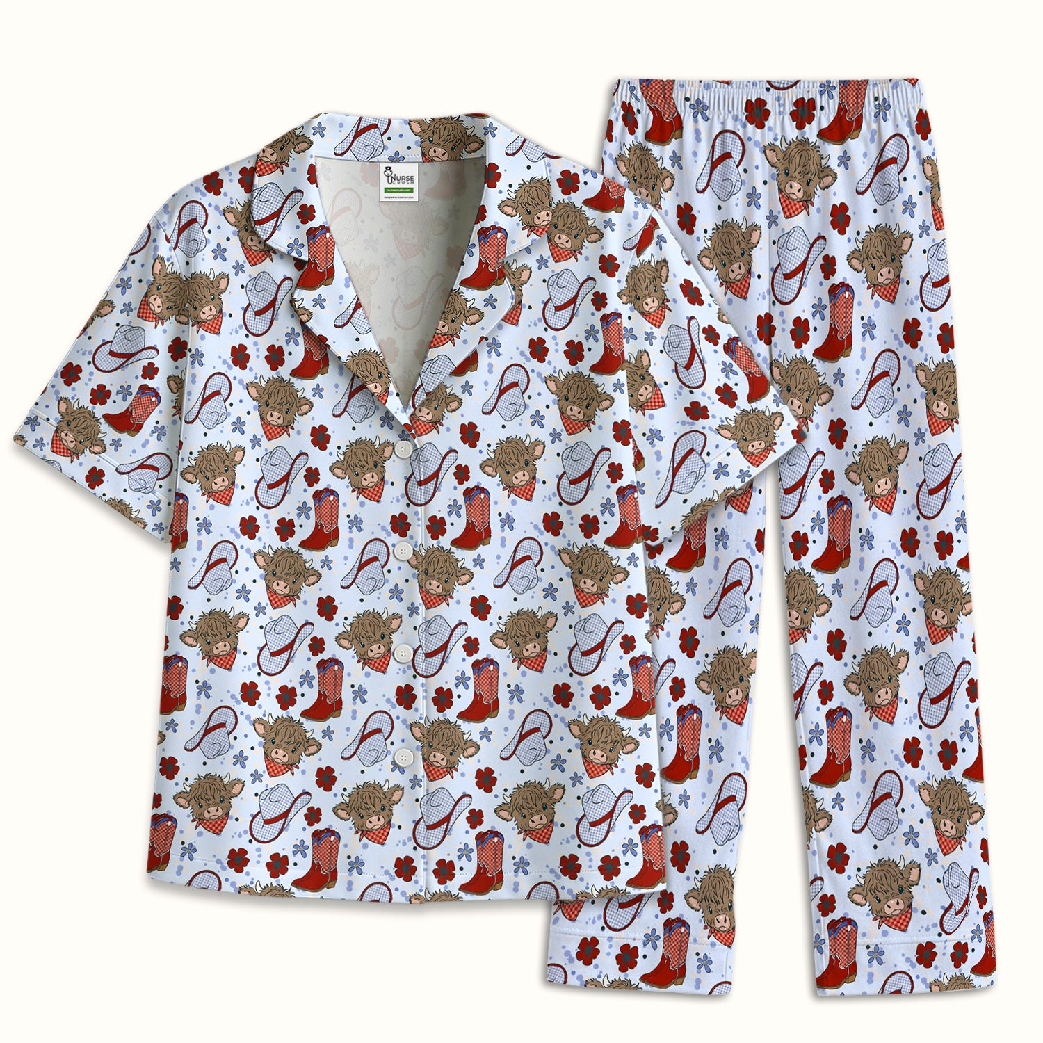 Cute Highland Cow Cowboy Boots Pattern Pajama Set, Soft Breathable Fabric Comfortable Sleepwear
