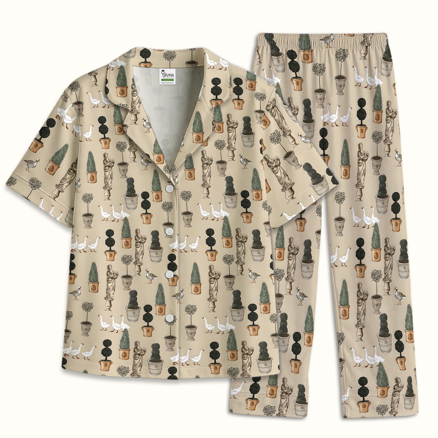 Vintage Garden Statue Topiary Goose Bird Pattern Pajama Set, Soft Breathable Fabric Comfortable Sleepwear