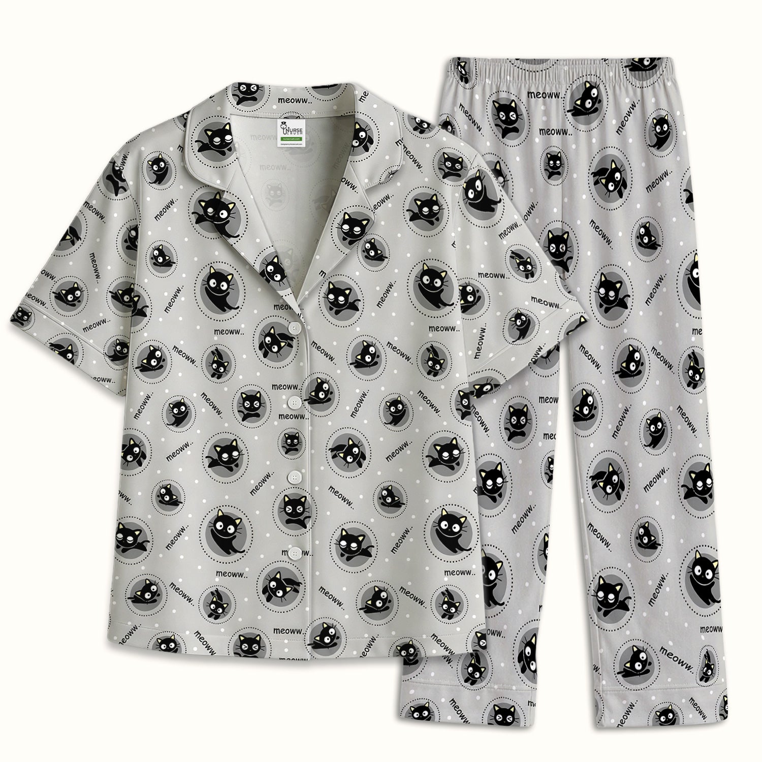 Funny Black Cat Meow Pattern Pajama Set, Soft Breathable Fabric Comfortable Sleepwear
