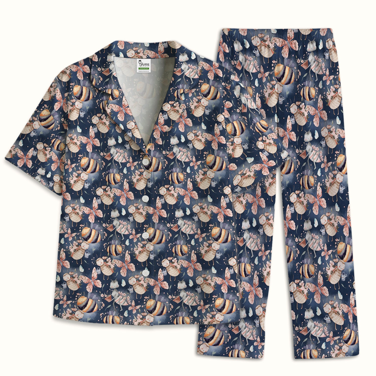 Cute Whimsical Bee Fairy Garden Pattern Pajama Set, Soft Breathable Fabric Comfortable Sleepwear
